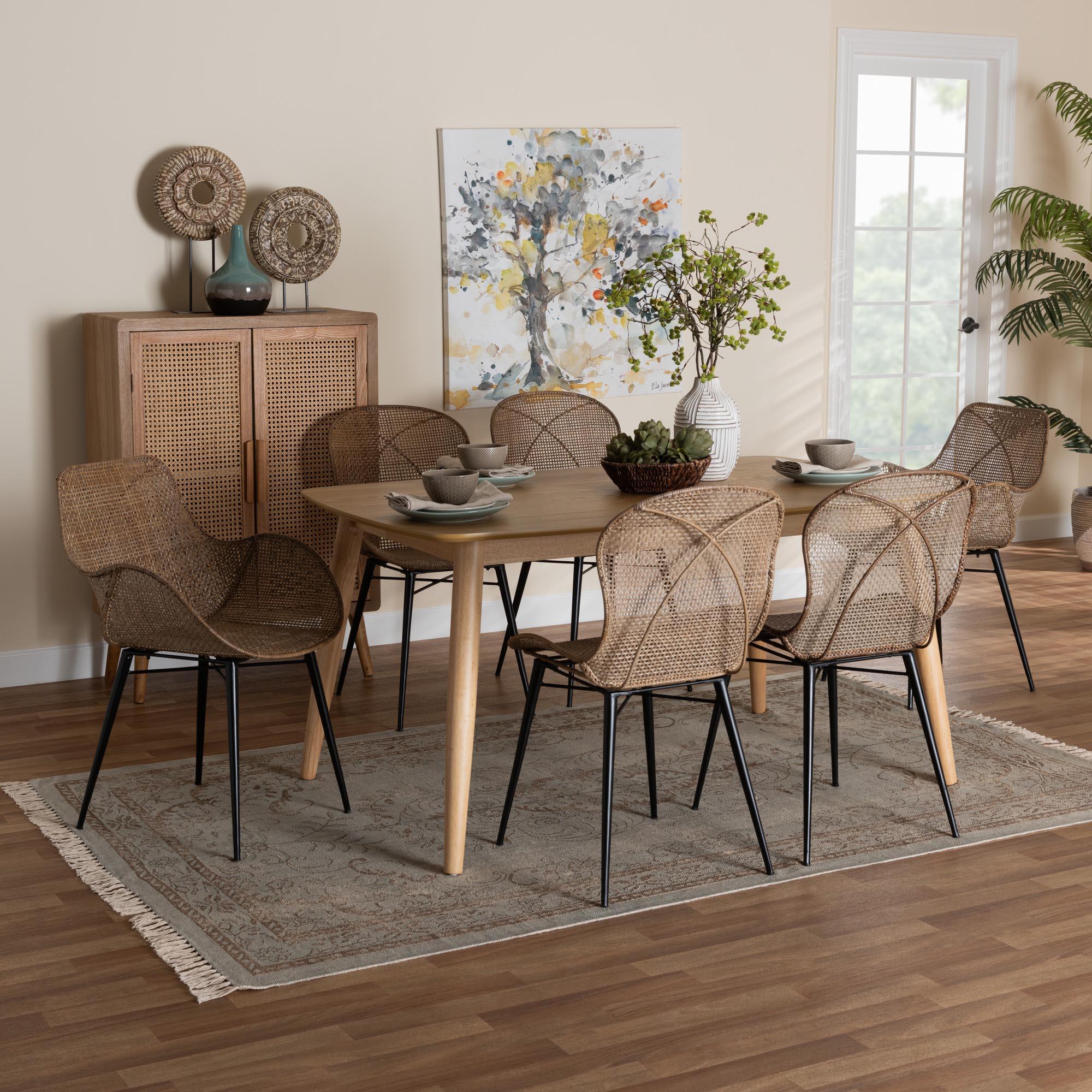 Emmali Modern Bohemian washed Rattan and Finished Wood 7-Piece Dining Set