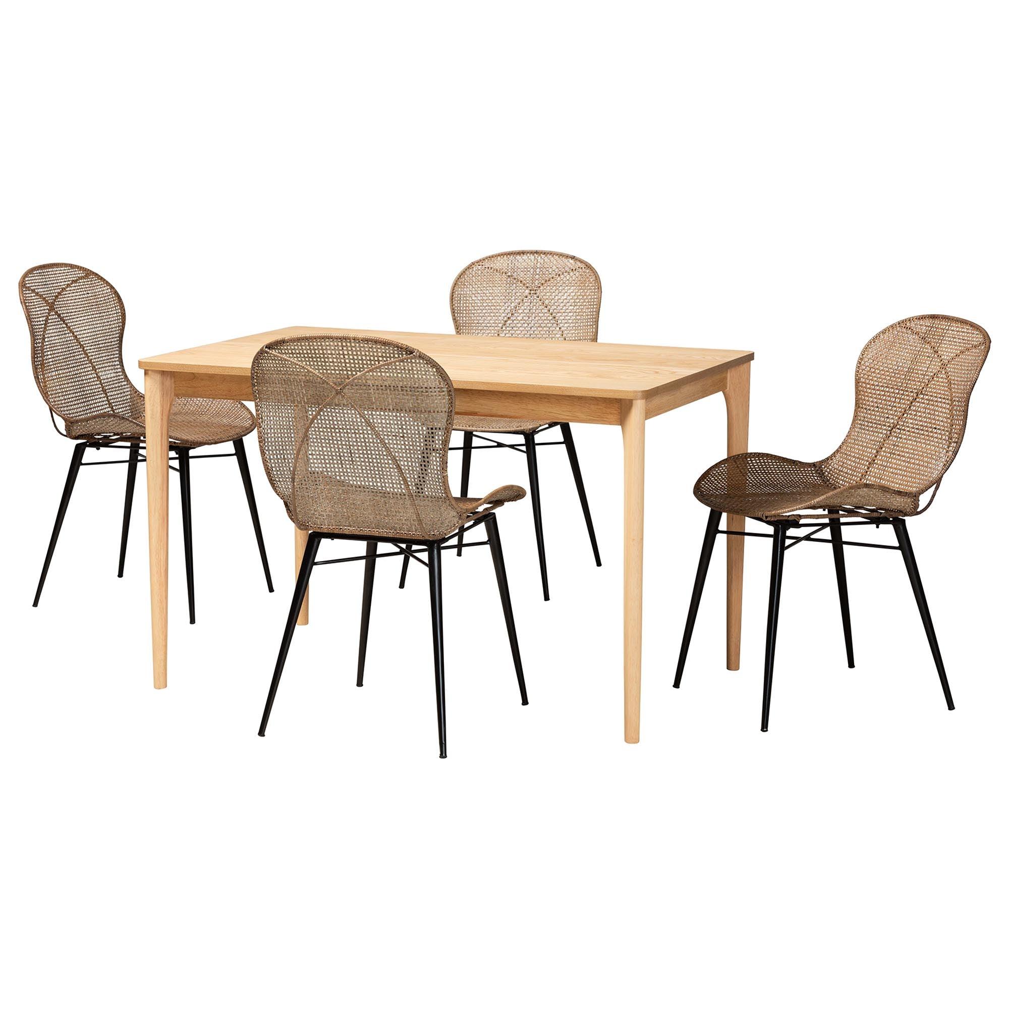 Sabelle Japandi Finished Wood and washed Rattan 5-Piece Dining Set