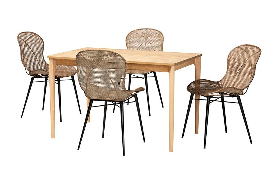 Sabelle Japandi Finished Wood and washed Rattan 5-Piece Dining Set