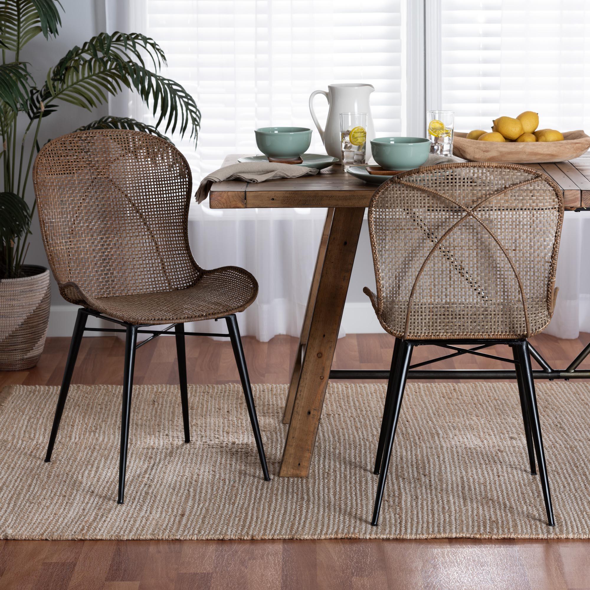 bali & pari Sabelle Japandi washed Rattan and Metal 2-Piece Dining Chair Set