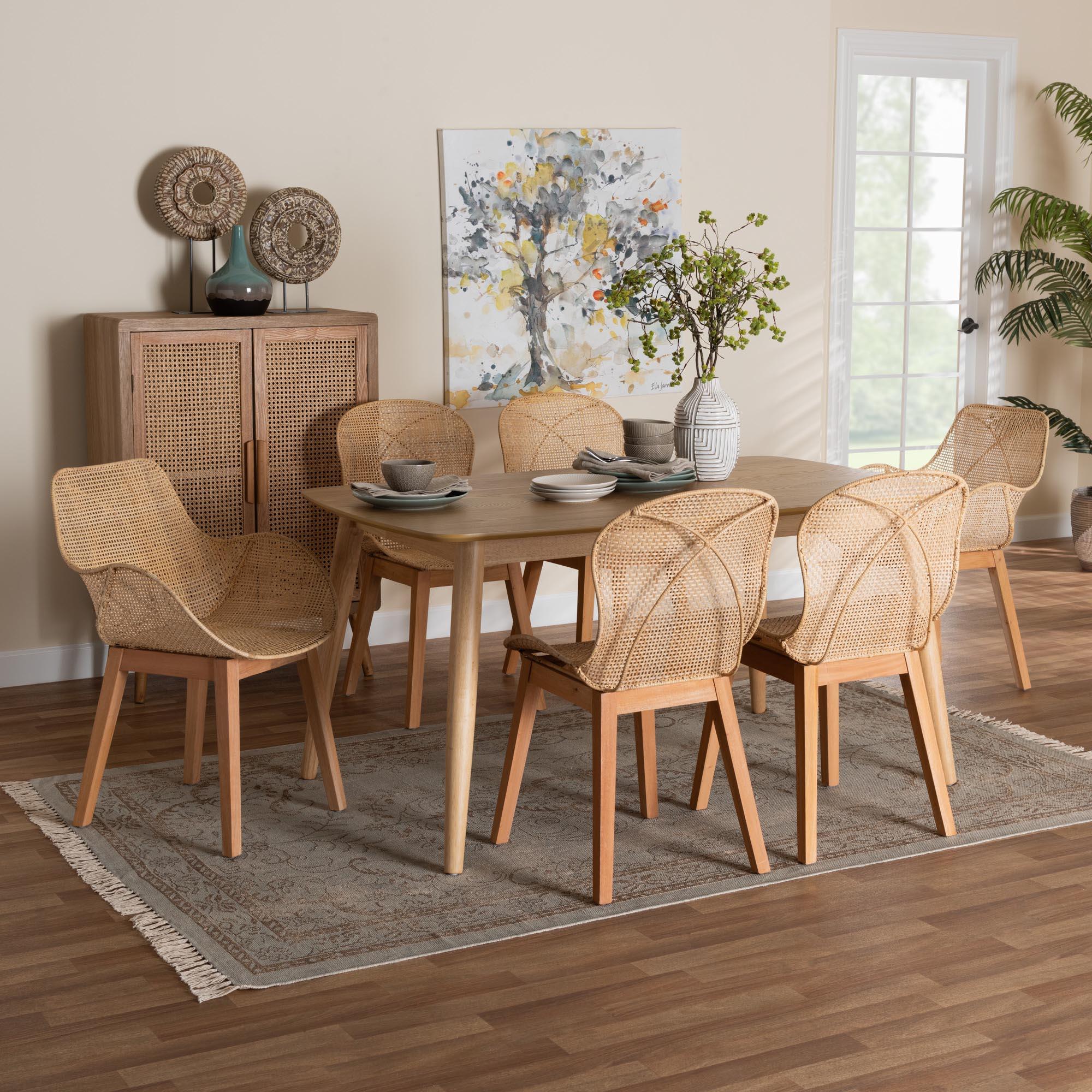 Emmali Modern Bohemian Finished Wood and Rattan 7-Piece Dining Set