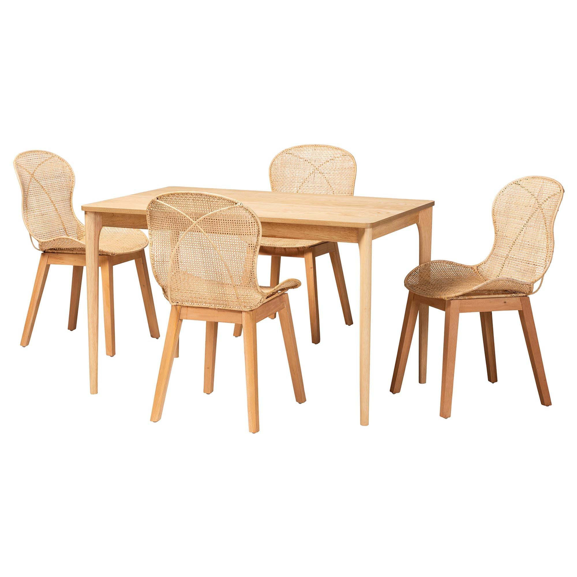 Sabelle Japandi Mahogany Wood and Rattan 5-Piece Dining Set