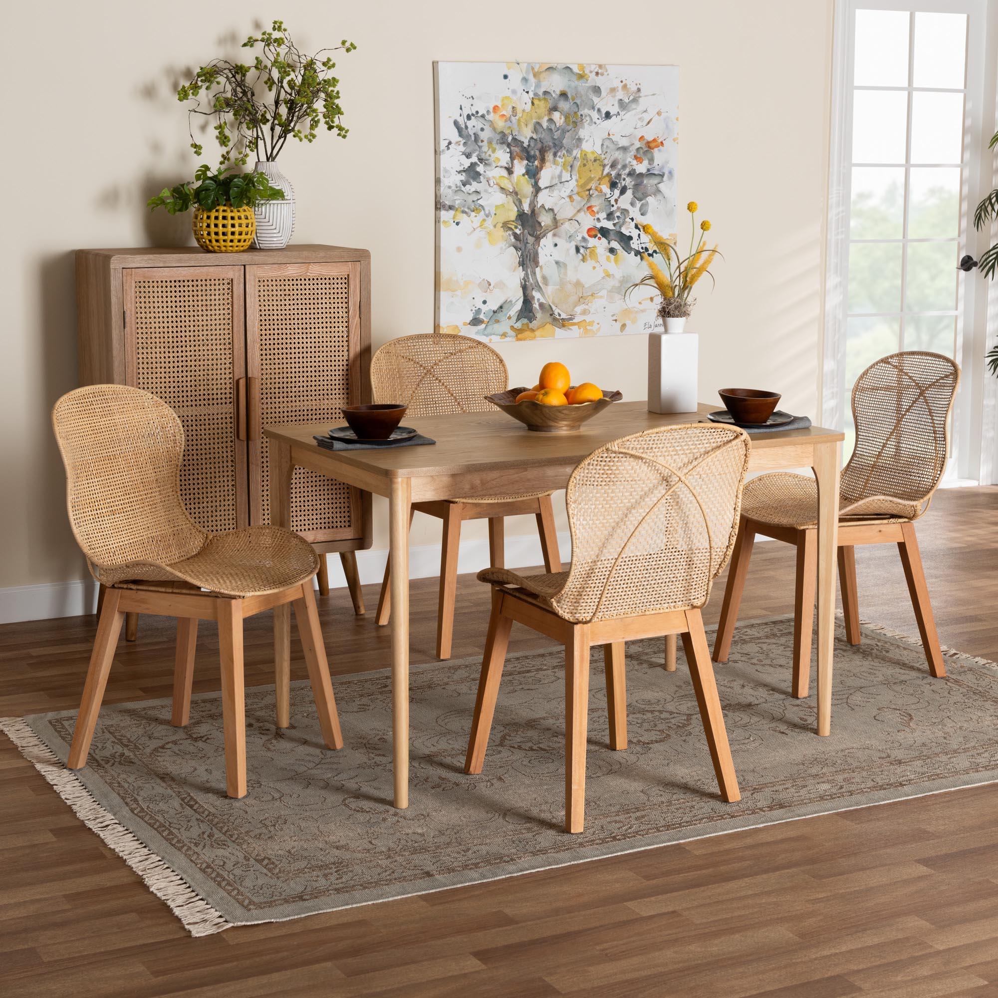 Sabelle Japandi Mahogany Wood and Rattan 5-Piece Dining Set