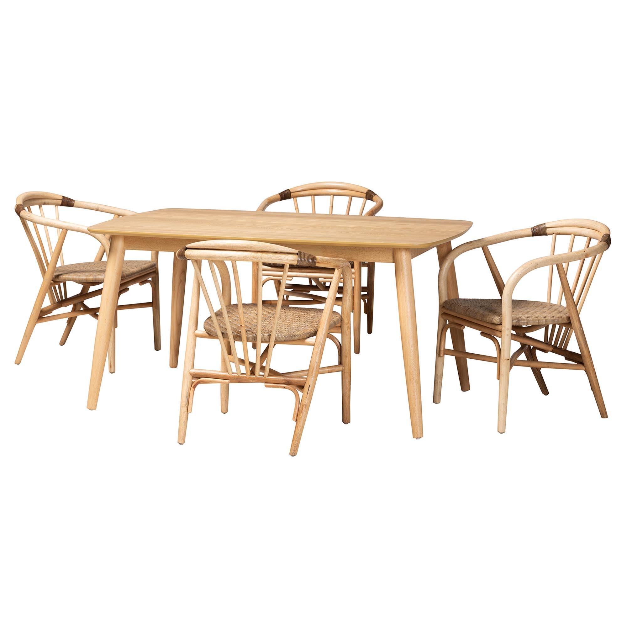 Kyoto Modern Bohemian Finished Wood and Rattan 5-Piece Dining Set