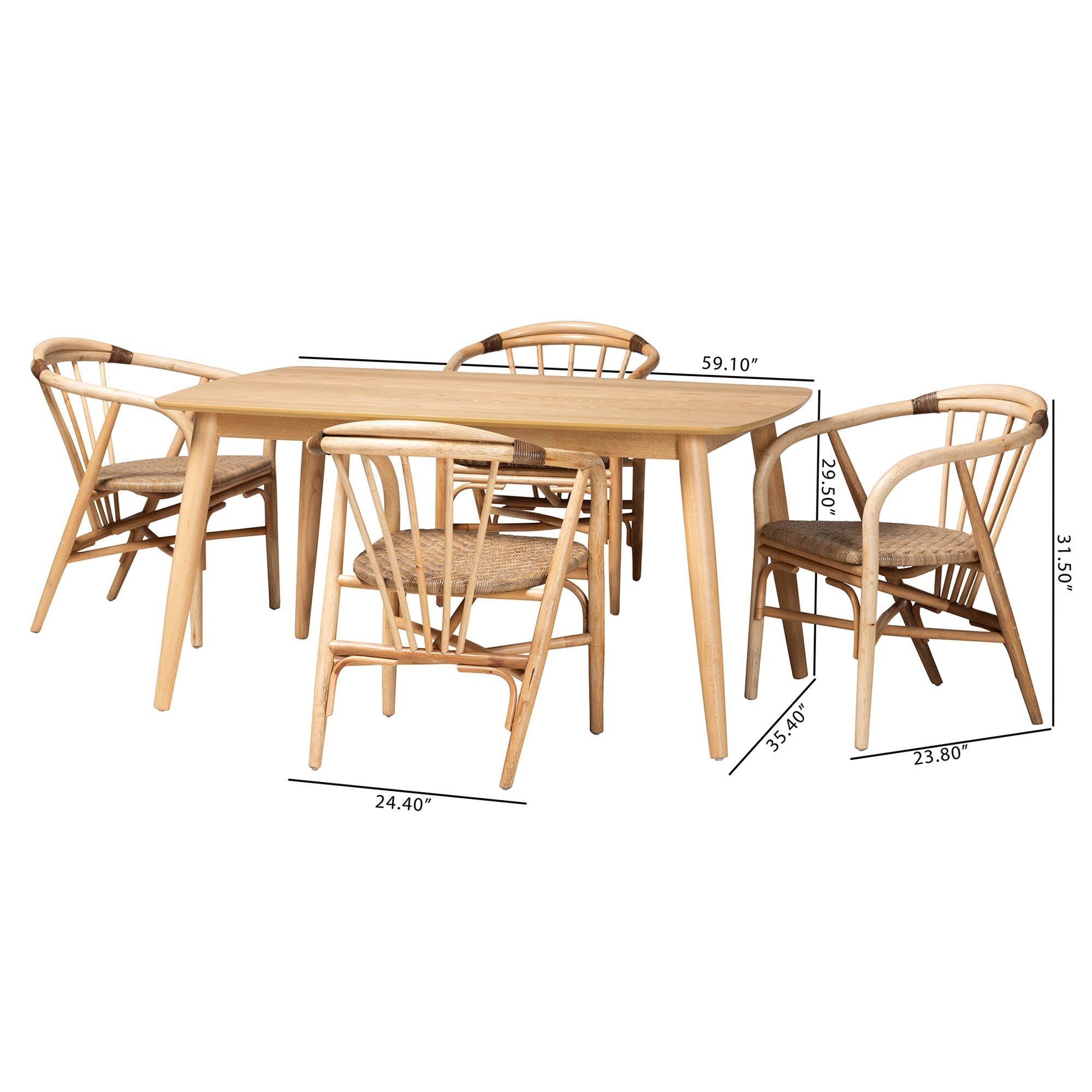 Kyoto Modern Bohemian Finished Wood and Rattan 5-Piece Dining Set