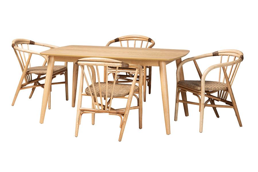 Kyoto Modern Bohemian Finished Wood and Rattan 5-Piece Dining Set