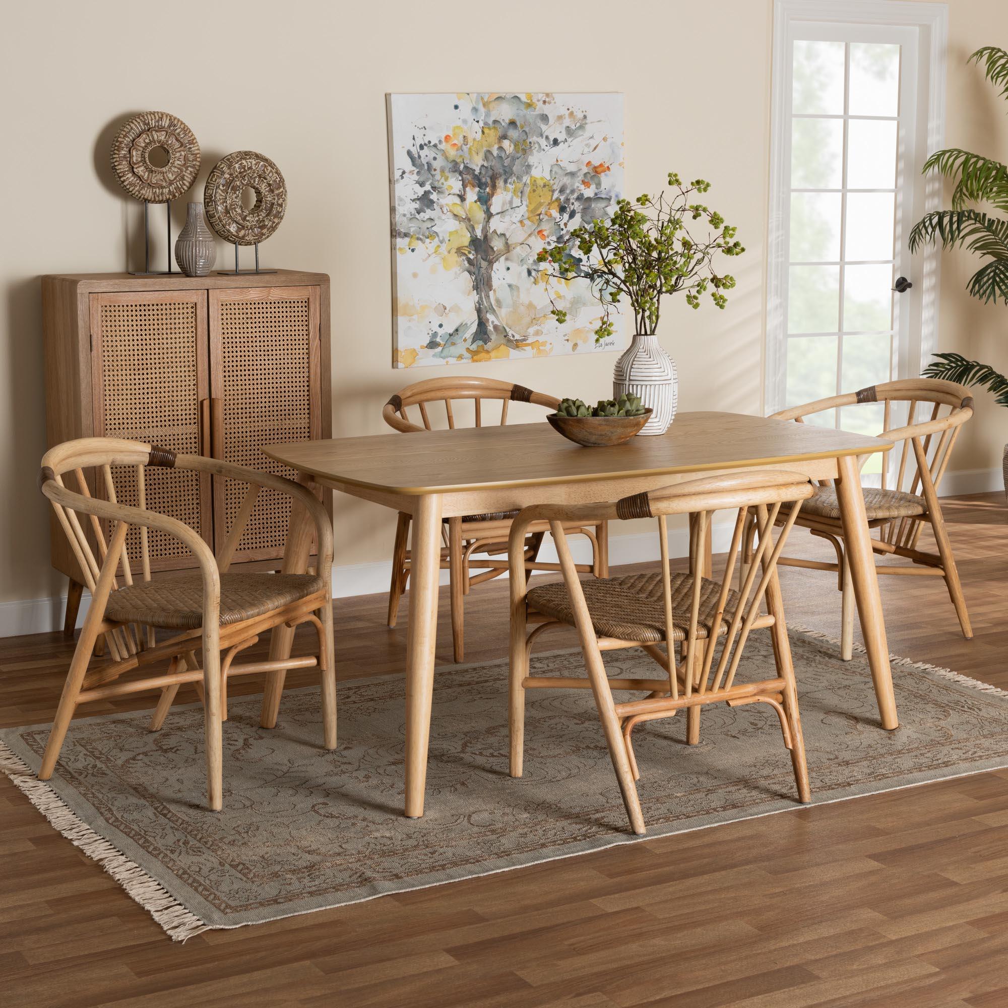 Kyoto Modern Bohemian Finished Wood and Rattan 5-Piece Dining Set