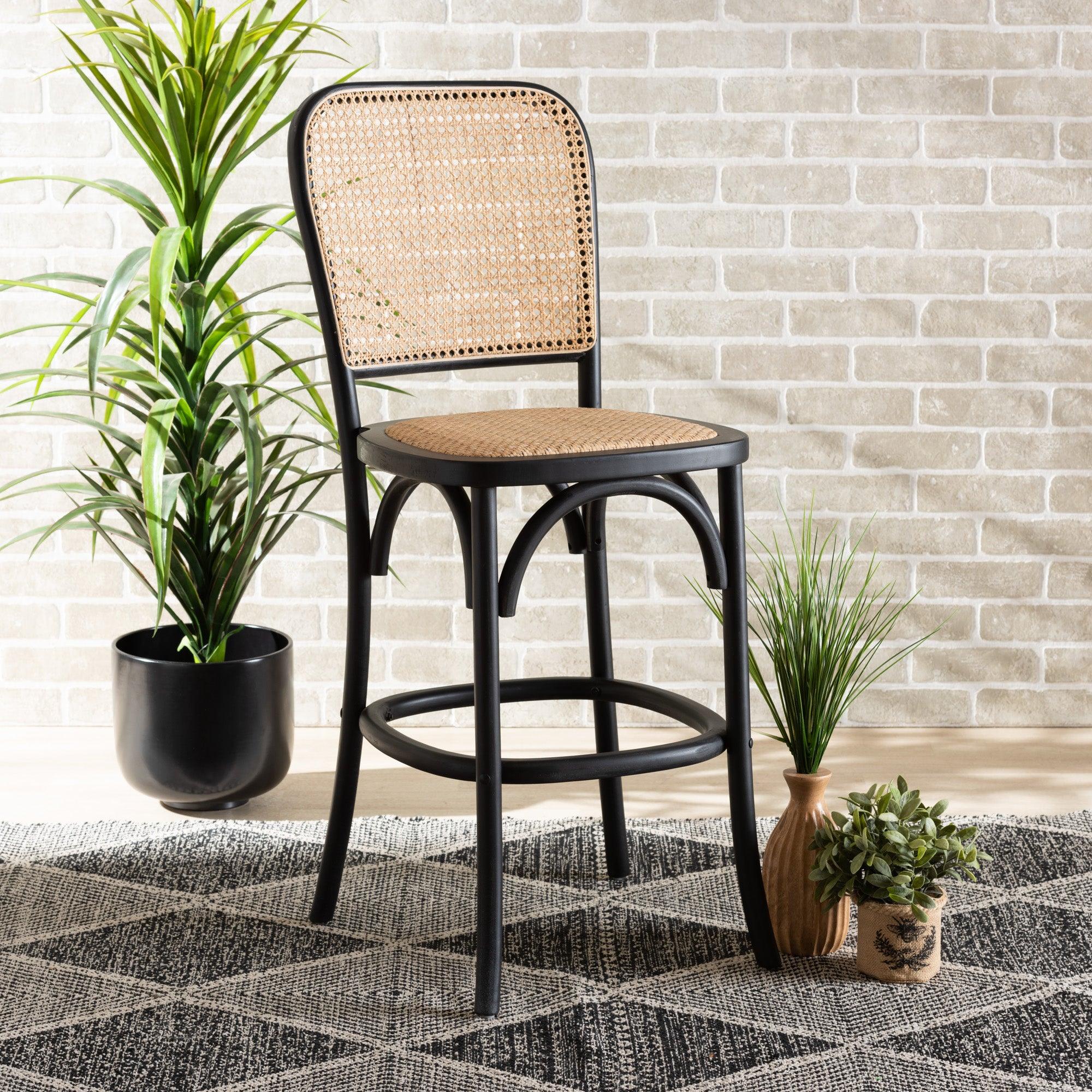 Vance Mid-Century Modern Woven Rattan and Wood Cane Counter Stool