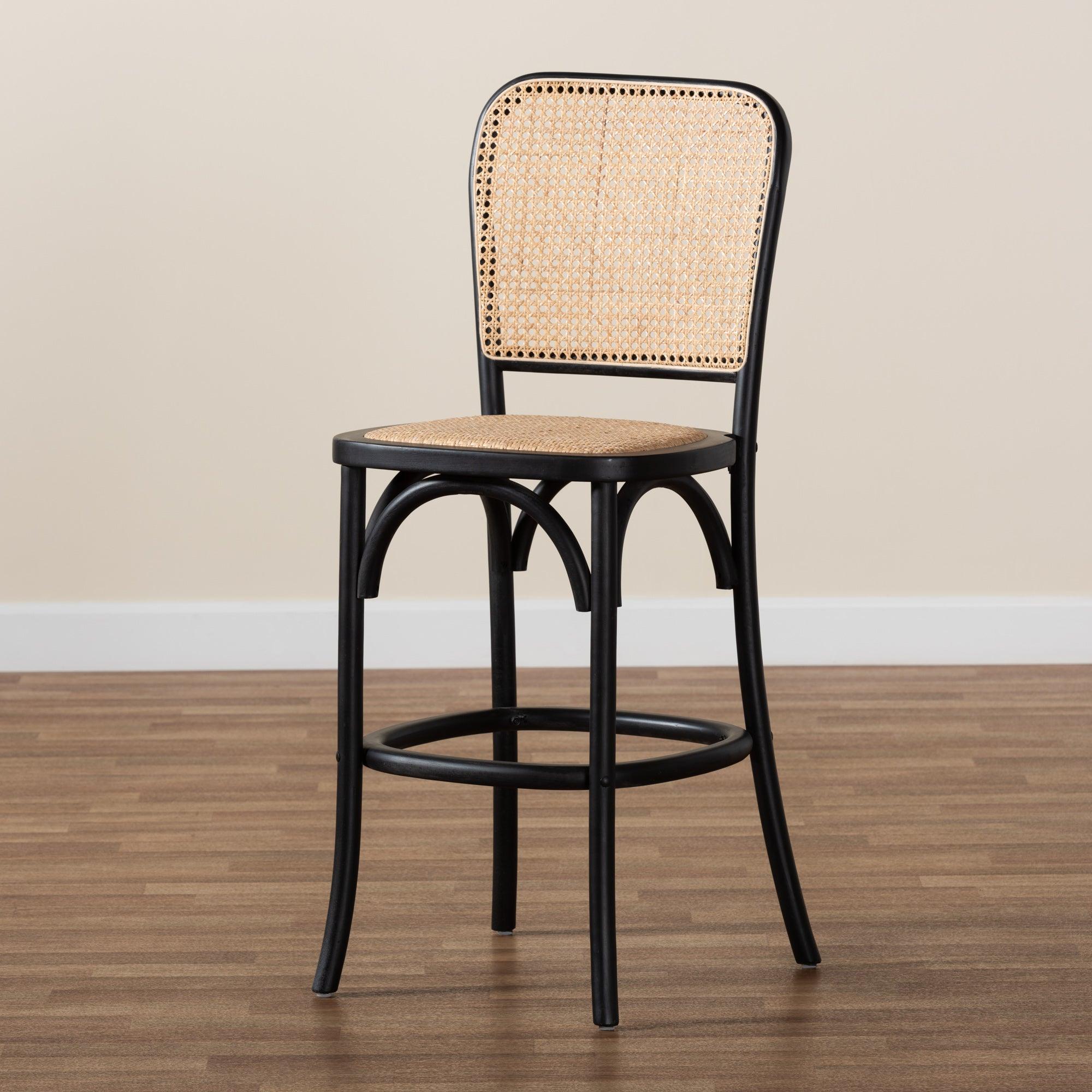 Vance Mid-Century Modern Woven Rattan and Wood Cane Counter Stool