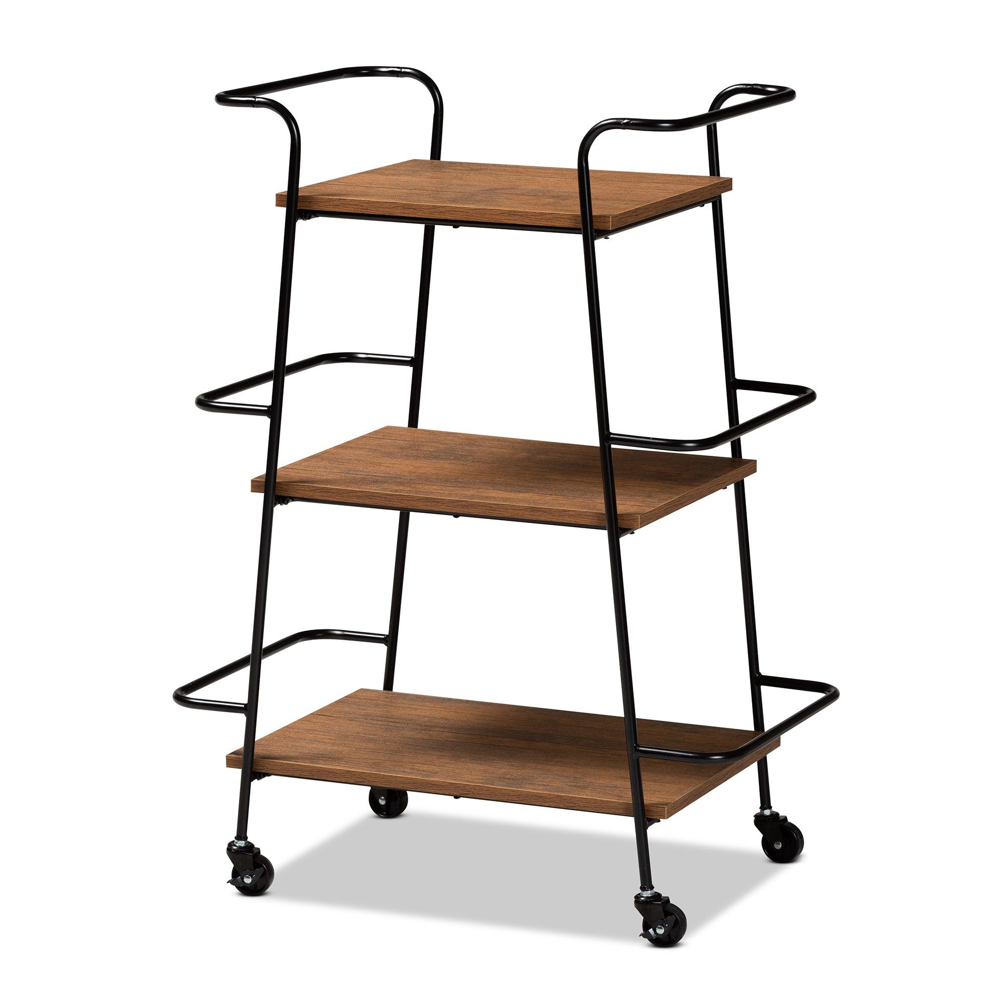 Bernard Rustic Industrial Metal and Finished Wood 3-Tier Small Mobile Wine Bar Cart