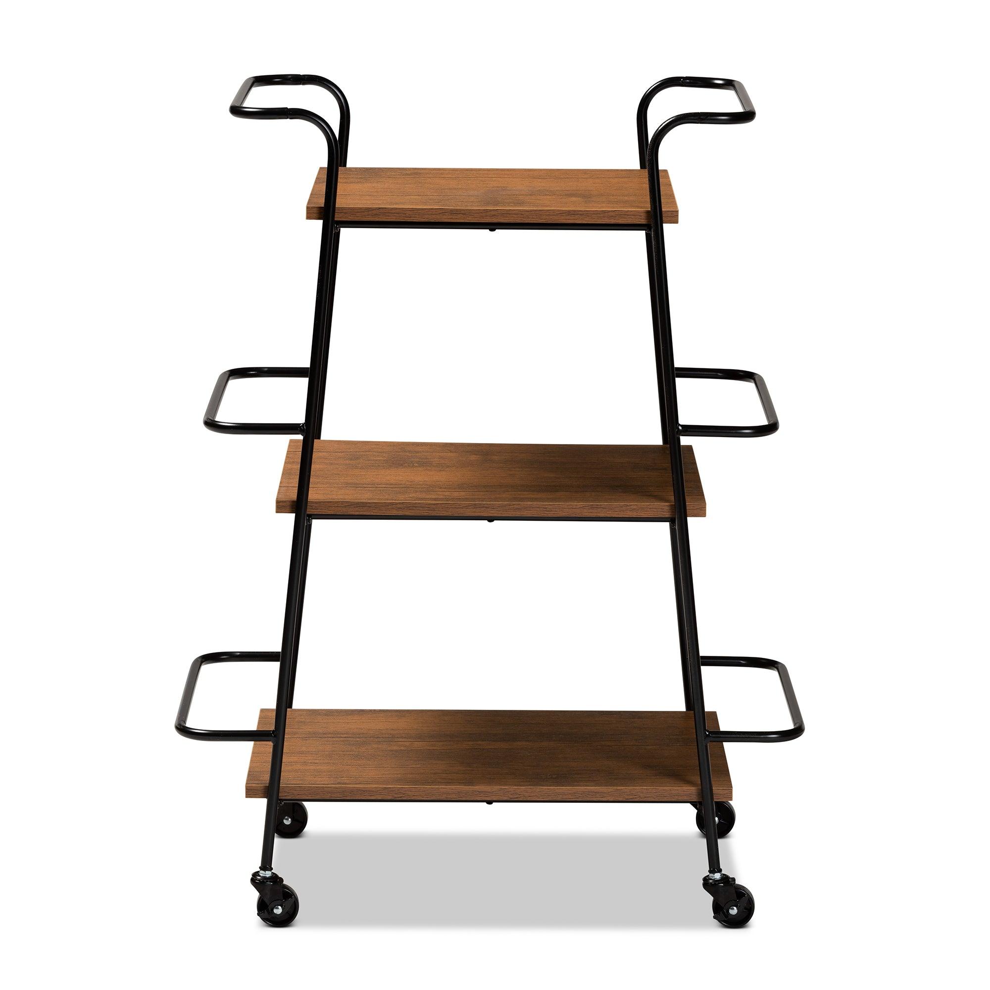 Bernard Rustic Industrial Metal and Finished Wood 3-Tier Small Mobile Wine Bar Cart