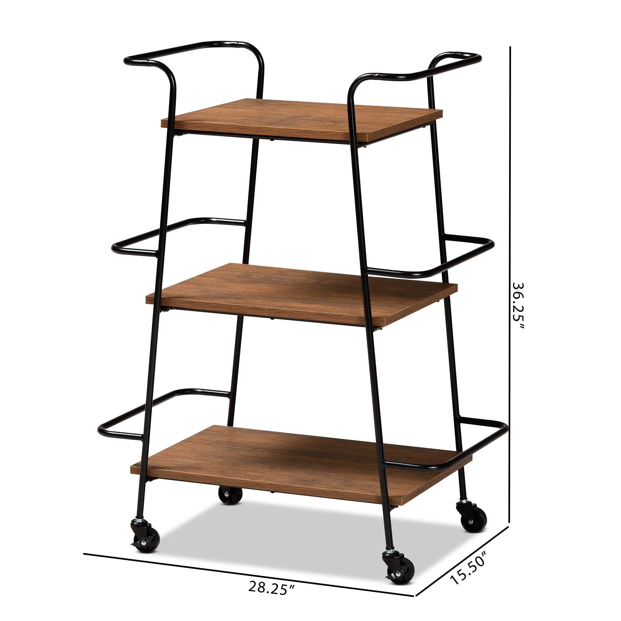 Bernard Rustic Industrial Metal and Finished Wood 3-Tier Small Mobile Wine Bar Cart