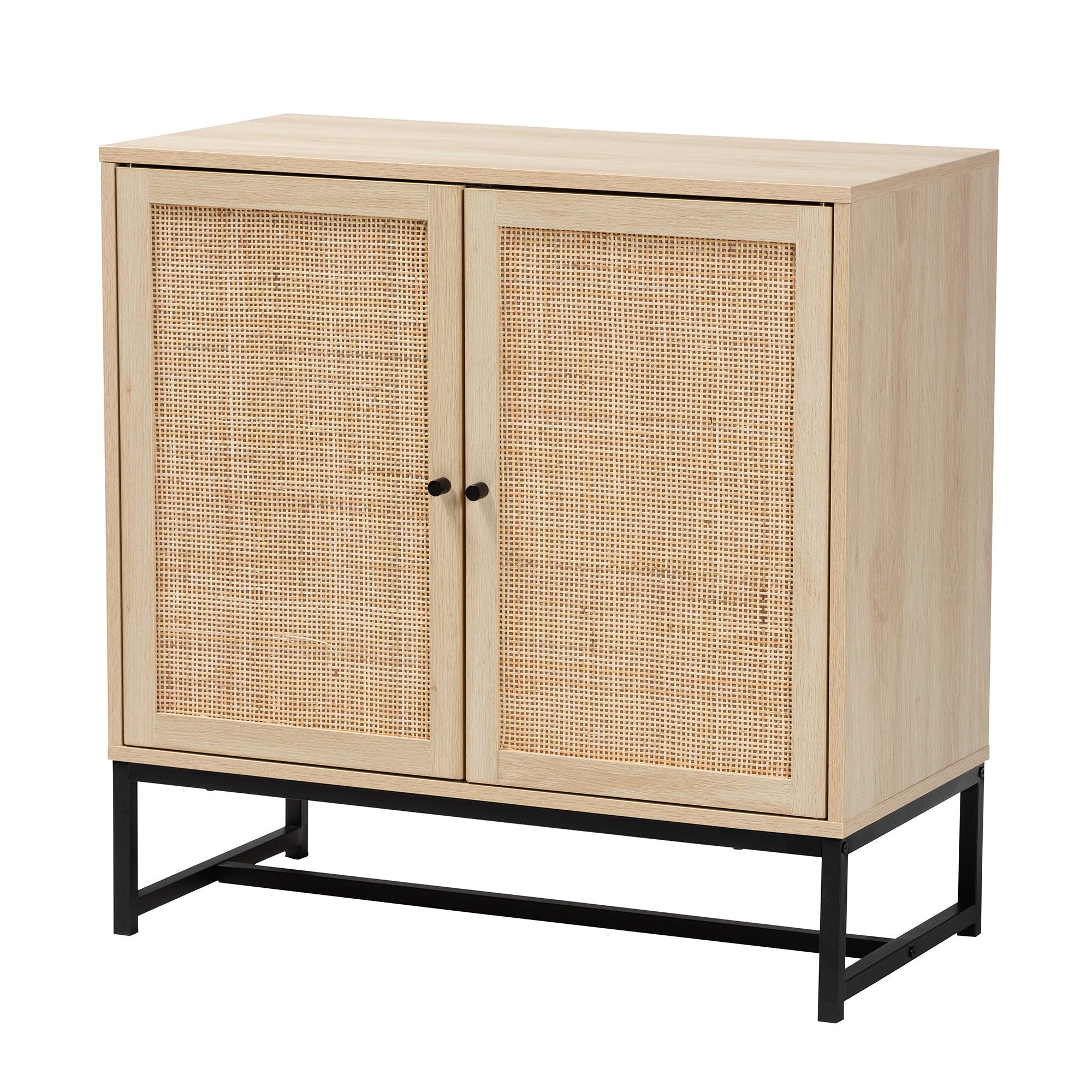 Caterina Mid-Century Modern Transitional Finished Wood and Rattan 2-Door Storage Cabinet