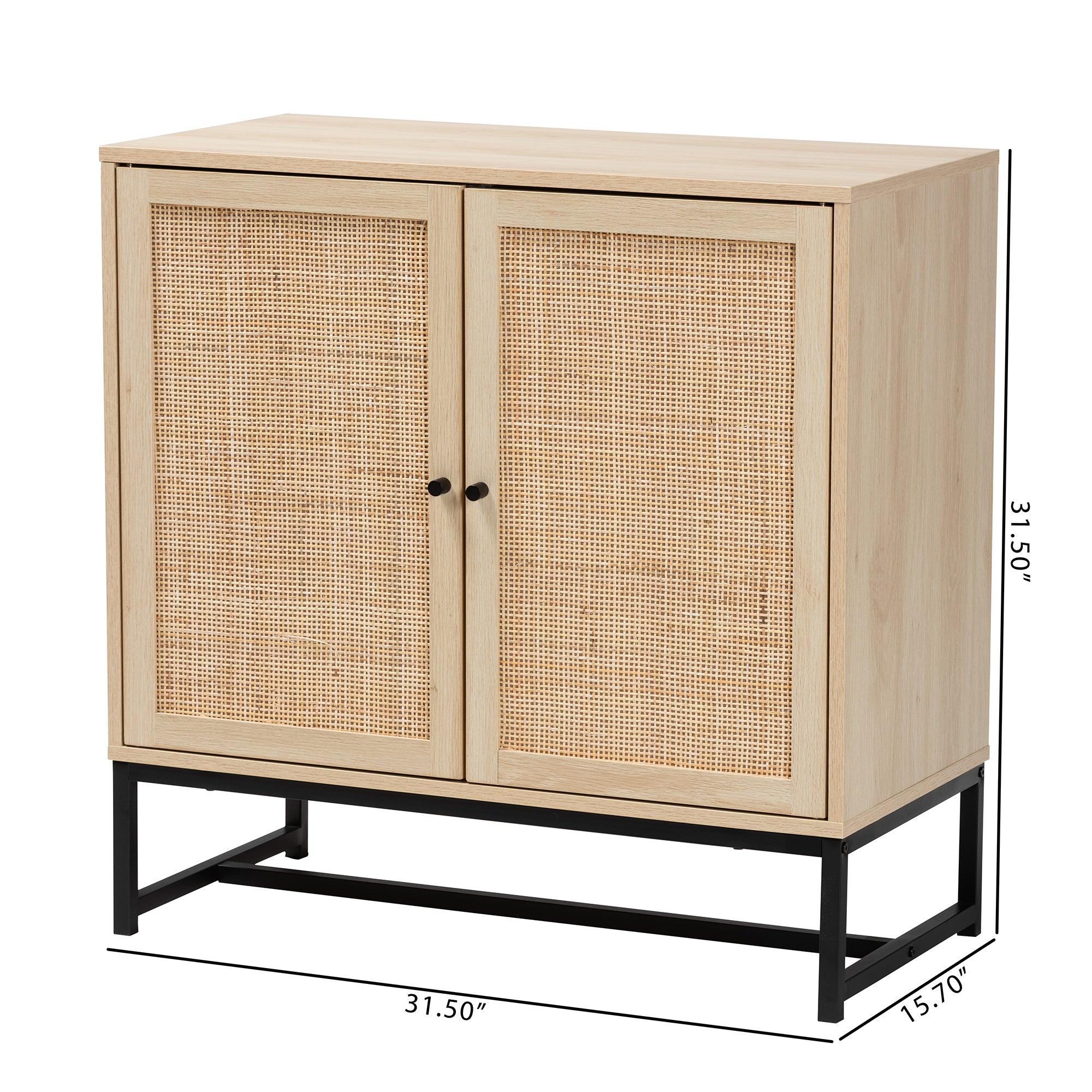 Caterina Mid-Century Modern Transitional Finished Wood and Rattan 2-Door Storage Cabinet