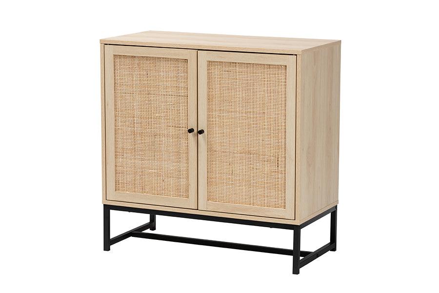 Caterina Mid-Century Modern Transitional Finished Wood and Rattan 2-Door Storage Cabinet