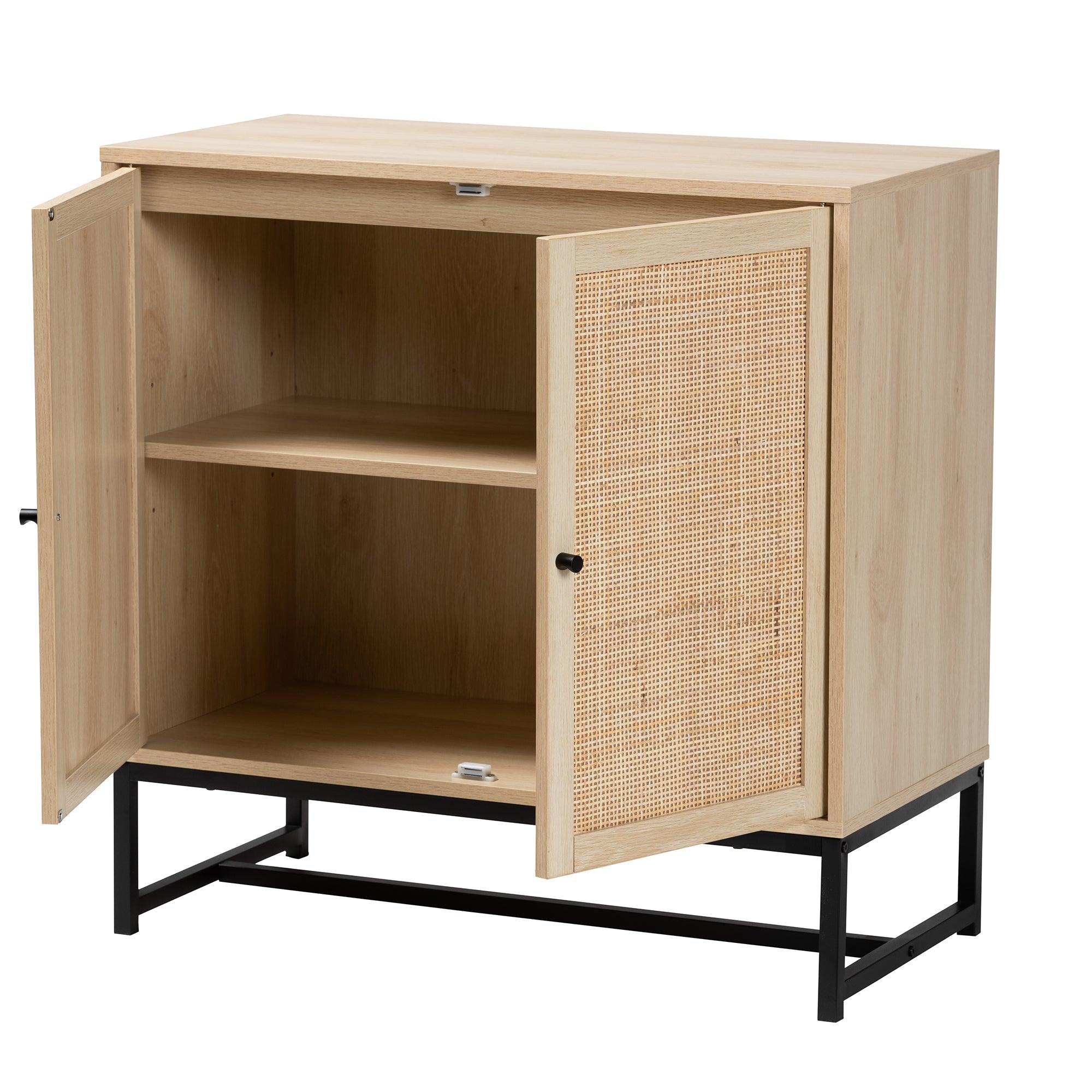 Caterina Mid-Century Modern Transitional Finished Wood and Rattan 2-Door Storage Cabinet