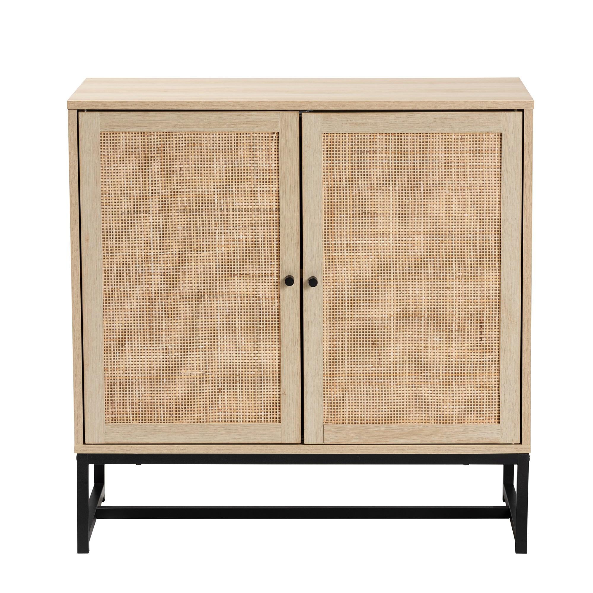 Caterina Mid-Century Modern Transitional Finished Wood and Rattan 2-Door Storage Cabinet