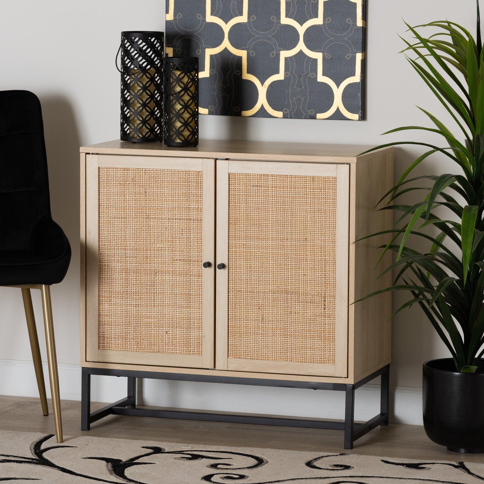 Caterina Mid-Century Modern Transitional Finished Wood and Rattan 2-Door Storage Cabinet