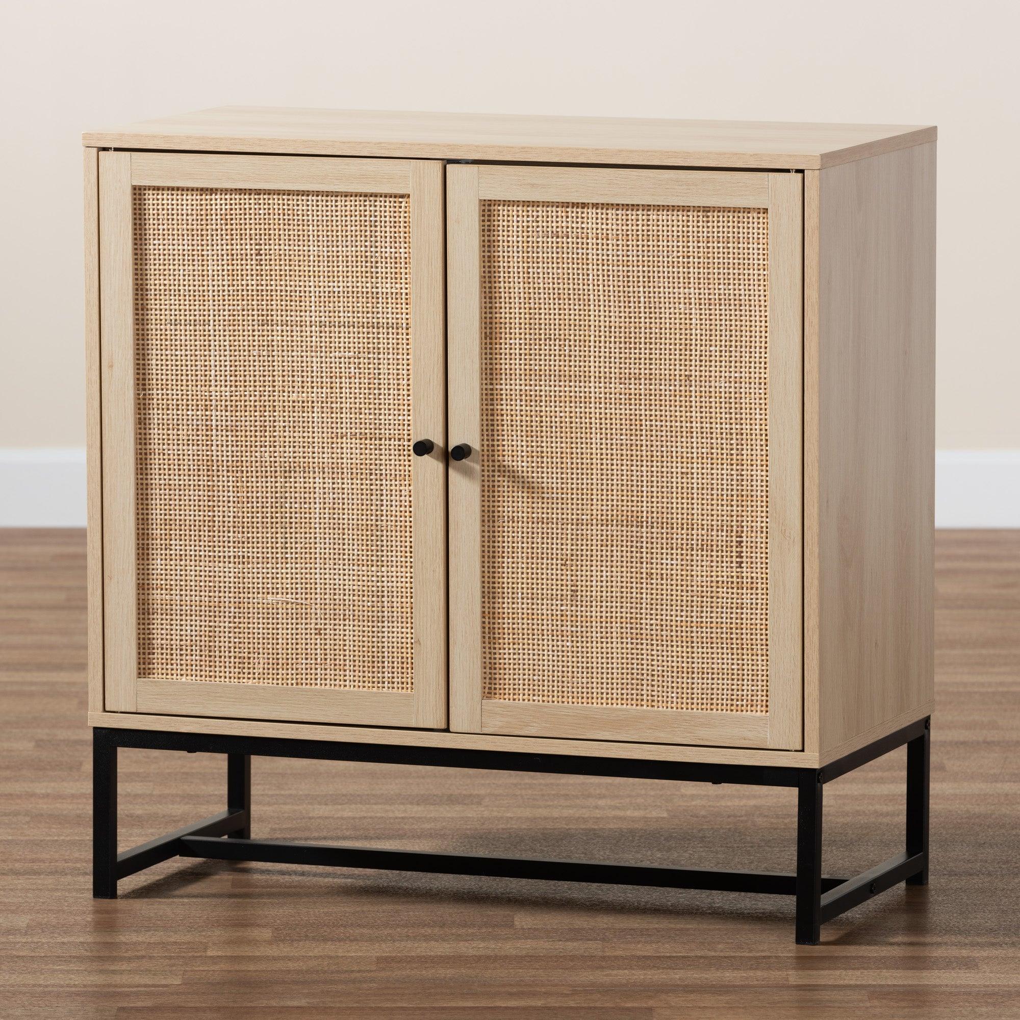 Caterina Mid-Century Modern Transitional Finished Wood and Rattan 2-Door Storage Cabinet