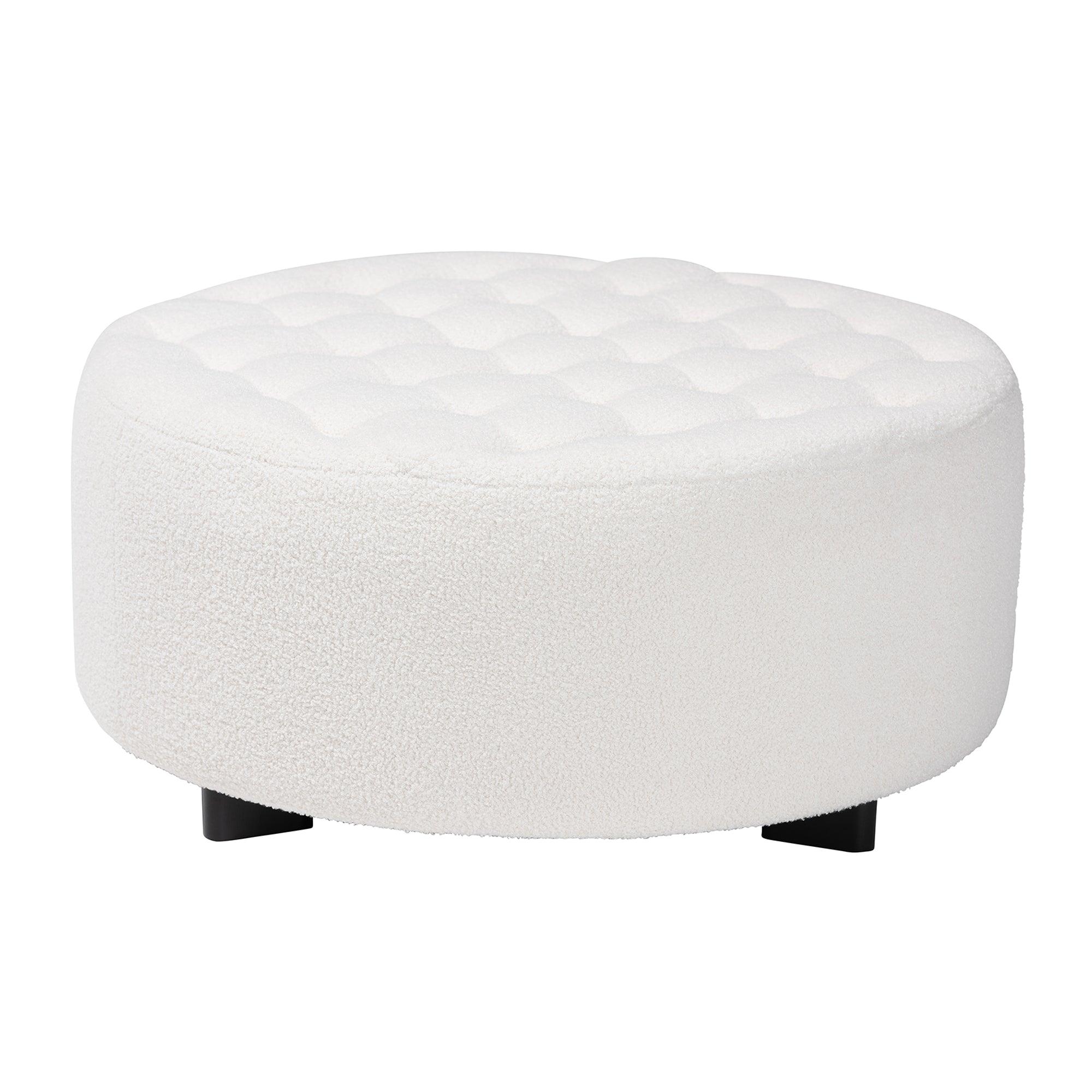 Athena Modern and Contemporary Boucle Upholstered and Finished Wood Round Ottoman