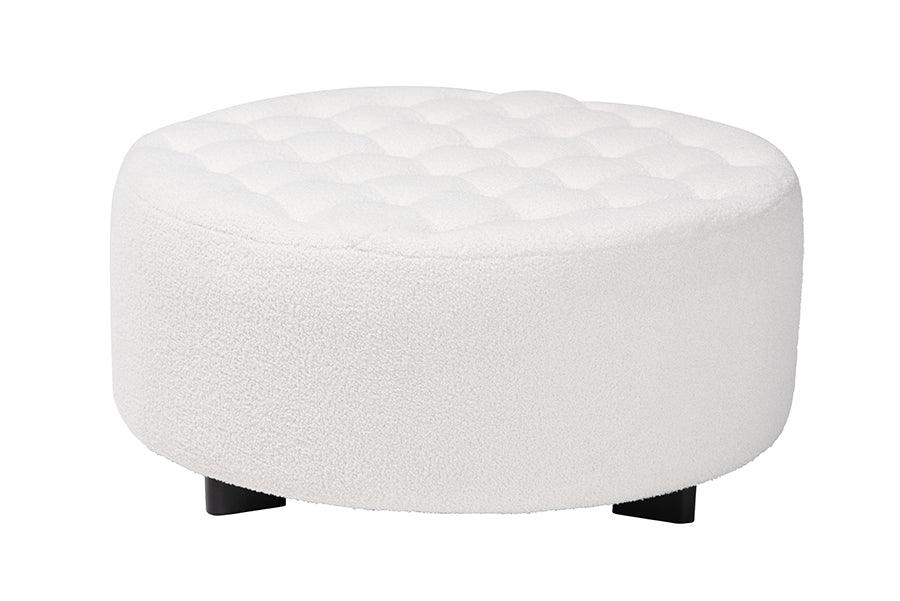 Athena Modern and Contemporary Boucle Upholstered and Finished Wood Round Ottoman