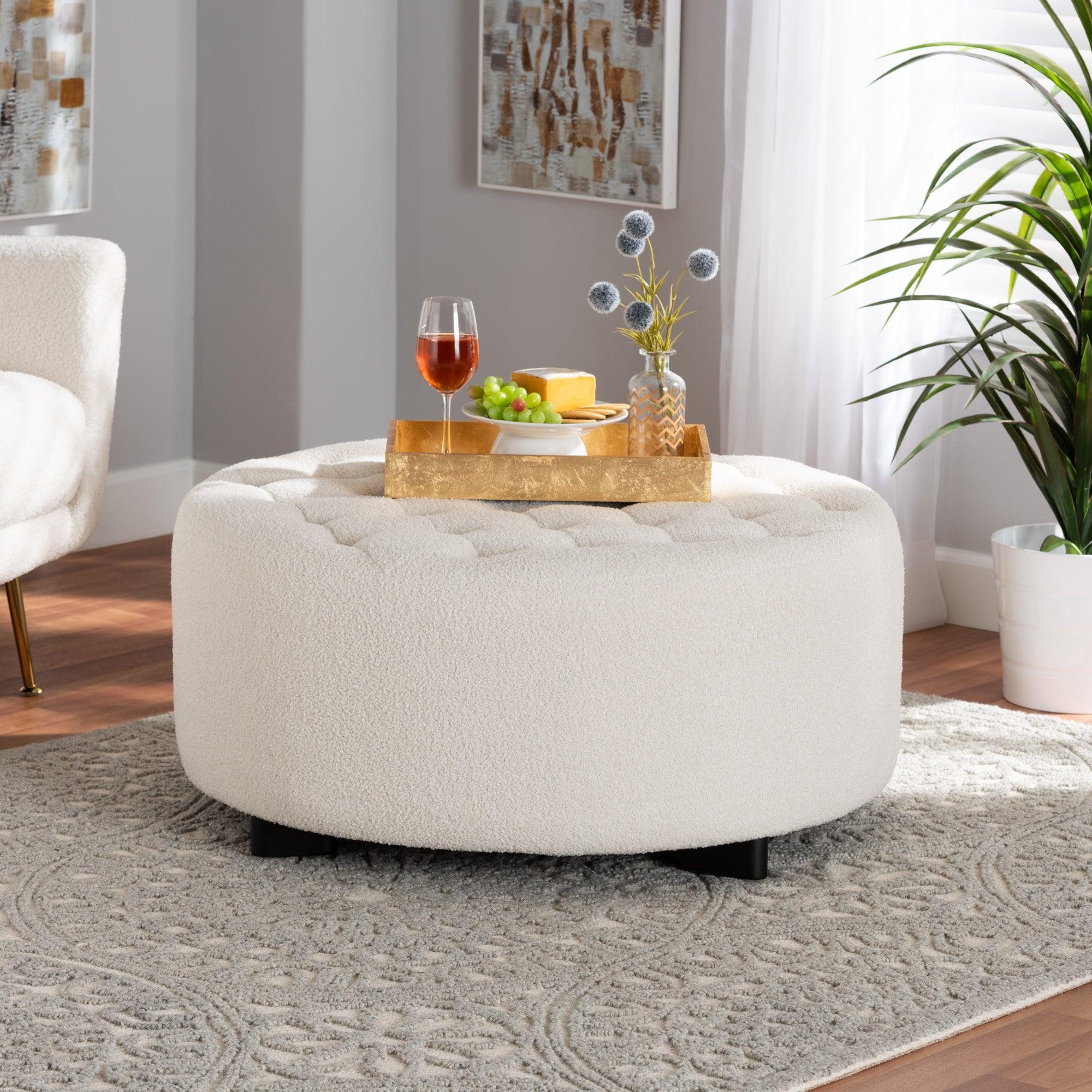 Athena Modern and Contemporary Boucle Upholstered and Finished Wood Round Ottoman