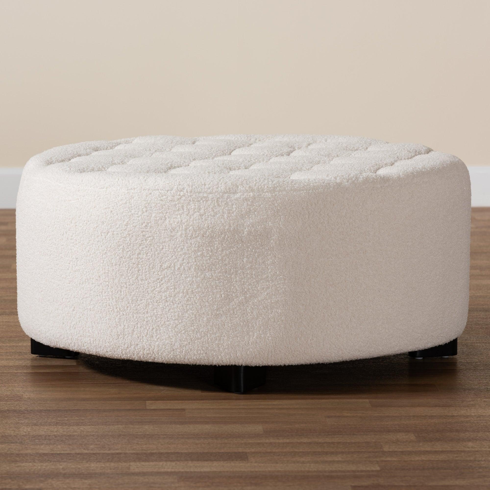 Athena Modern and Contemporary Boucle Upholstered and Finished Wood Round Ottoman