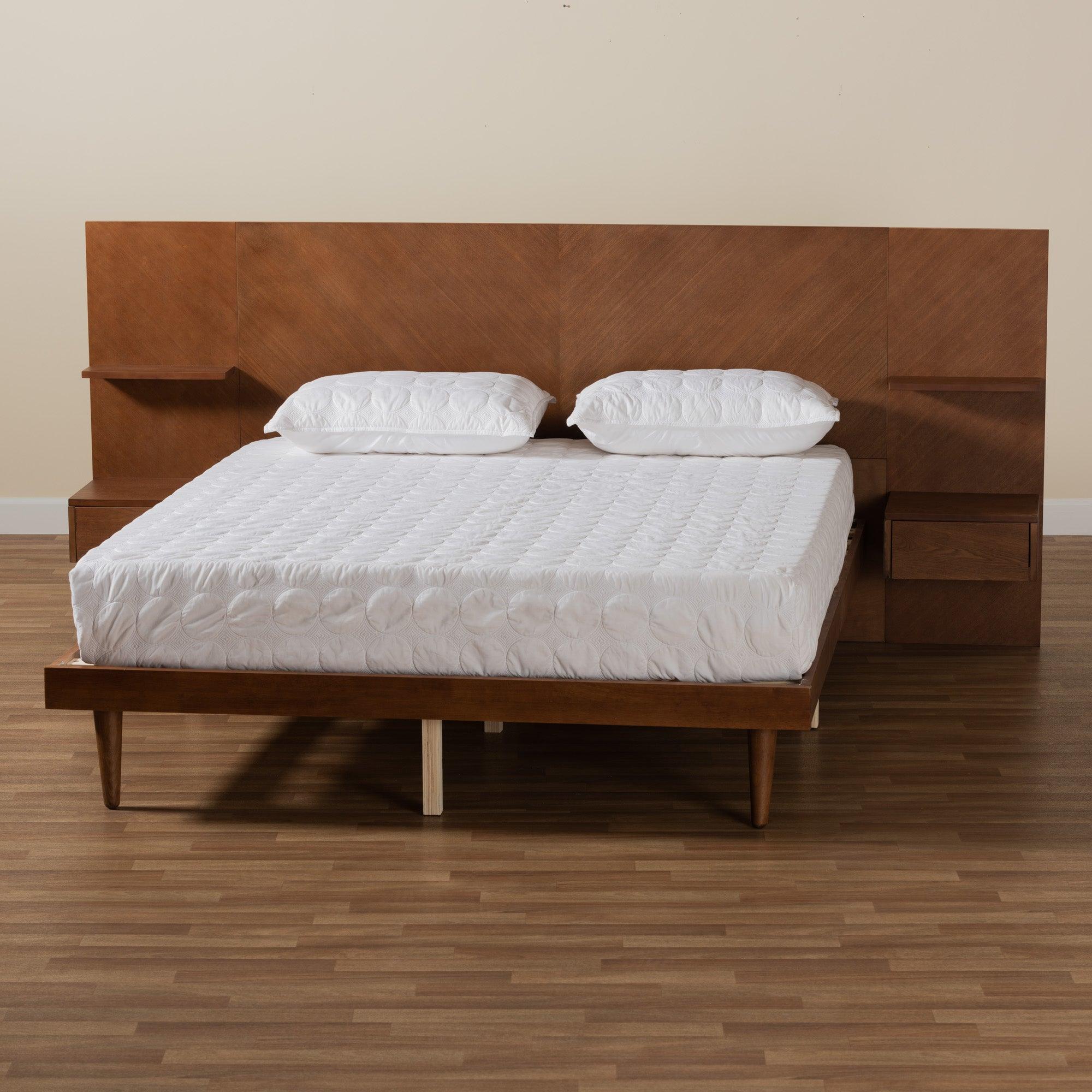 Graham Mid-Century Modern Transitional Ash Finished Wood Platform Storage Bed with Built-In Nightstands