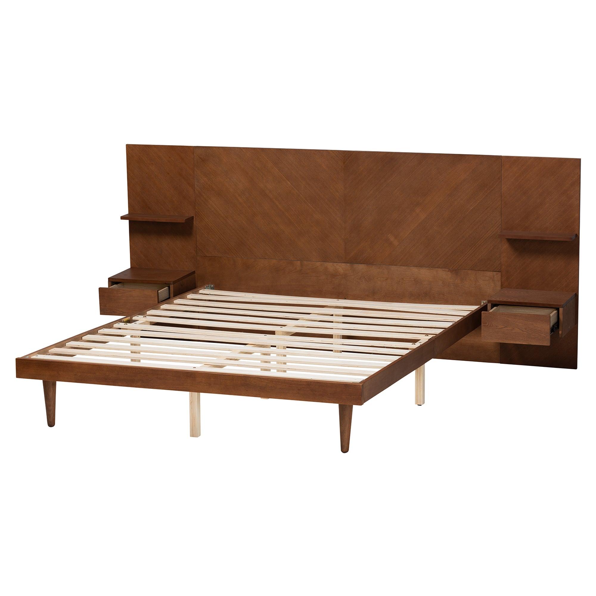 Graham Mid-Century Modern Transitional Ash Finished Wood Platform Storage Bed with Built-In Nightstands