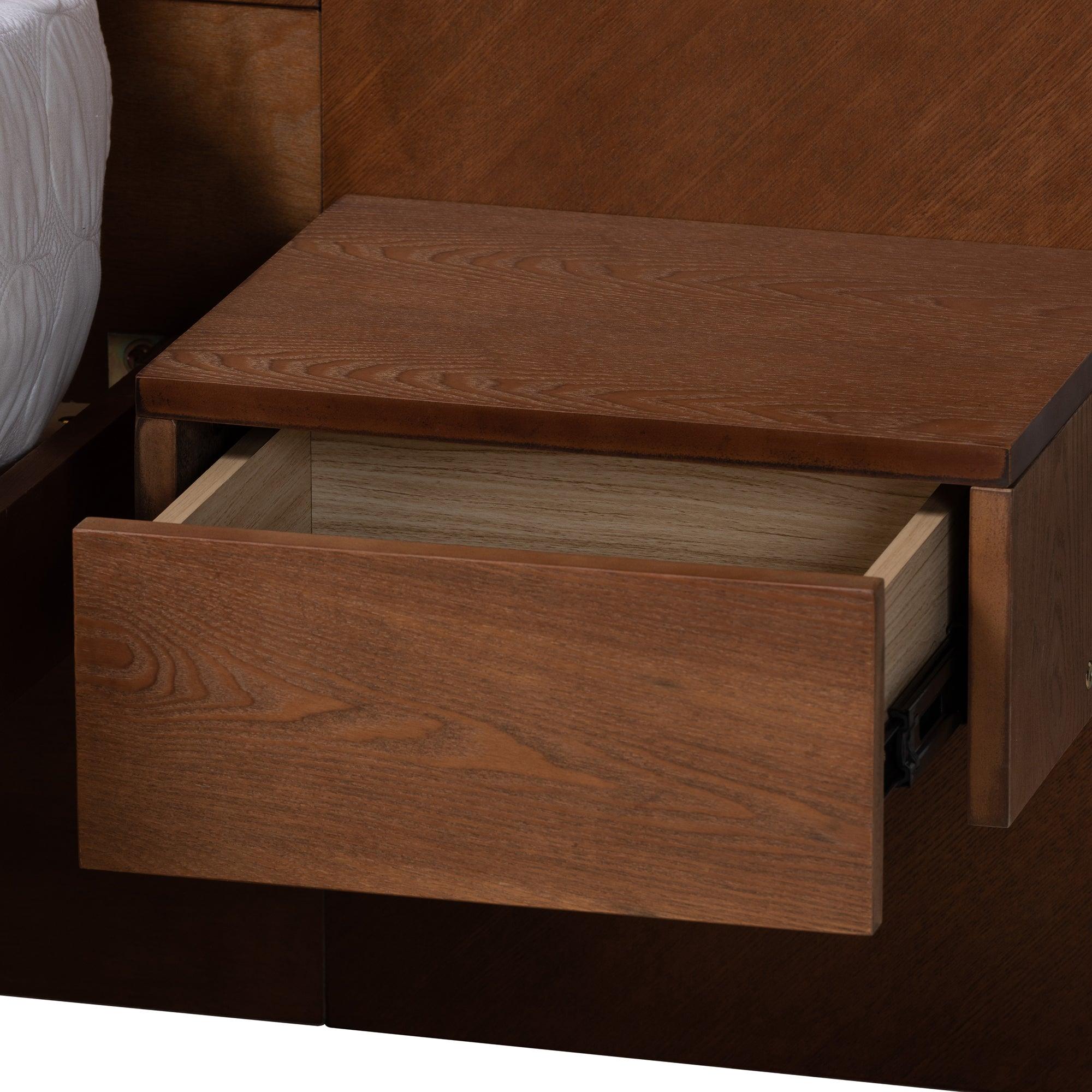 Graham Mid-Century Modern Transitional Ash Finished Wood Platform Storage Bed with Built-In Nightstands