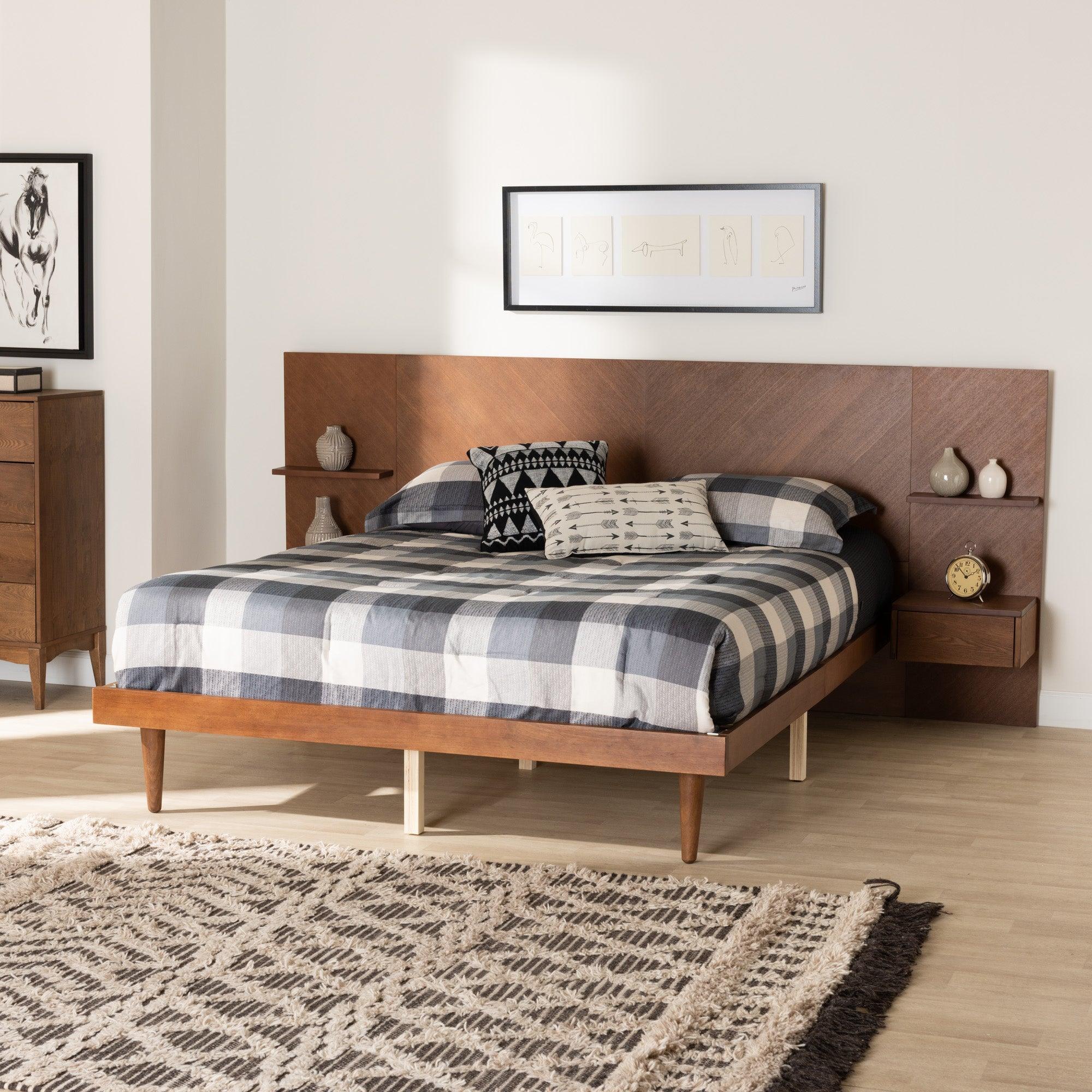 Graham Mid-Century Modern Transitional Ash Finished Wood Platform Storage Bed with Built-In Nightstands