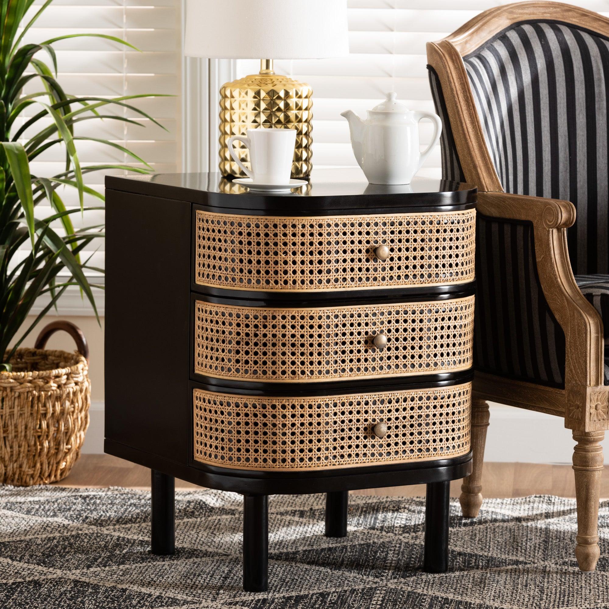 bali & pari Nabila Modern Bohemian Bayur Wood and Rattan 3-Drawer End Table Nightstand