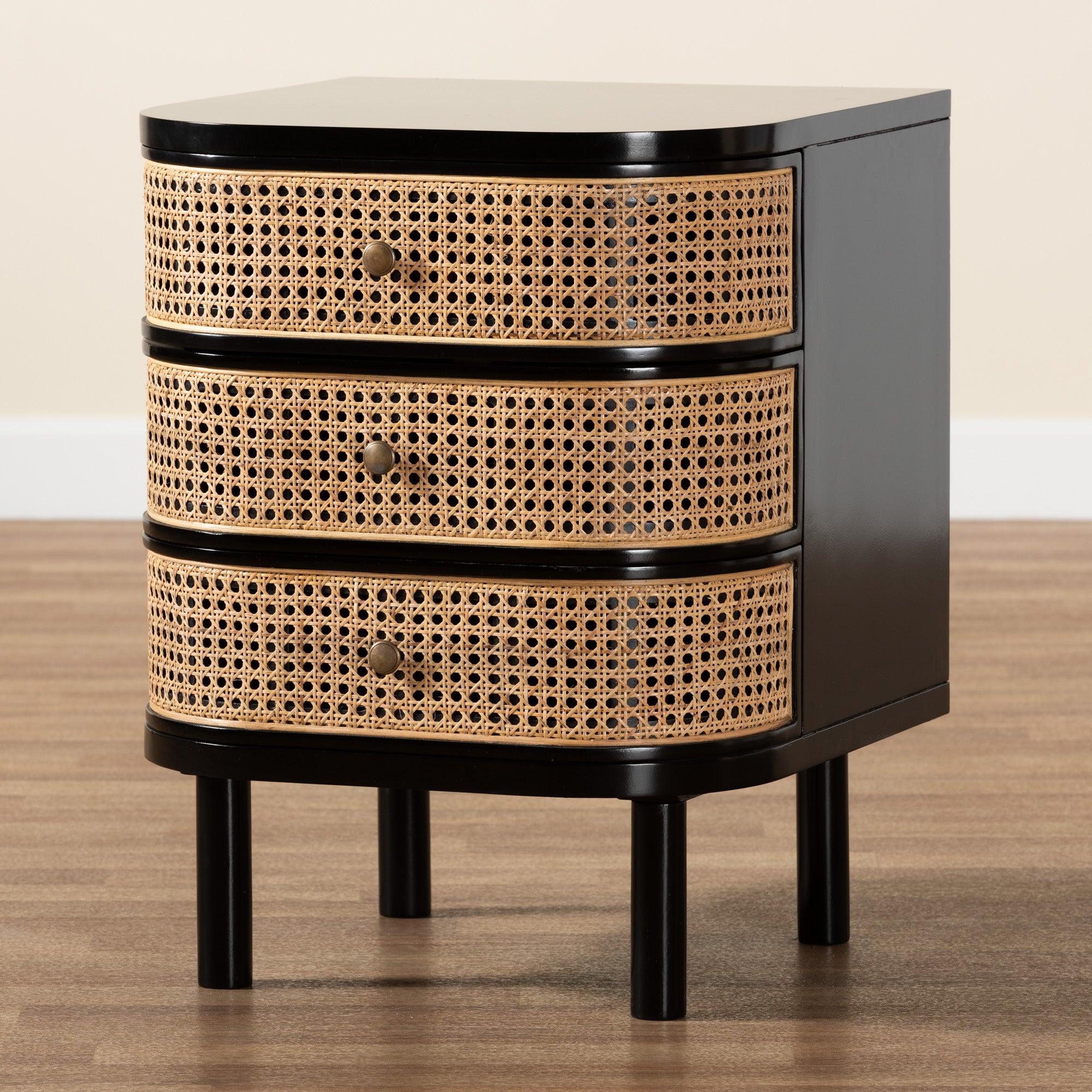 bali & pari Nabila Modern Bohemian Bayur Wood and Rattan 3-Drawer End Table Nightstand