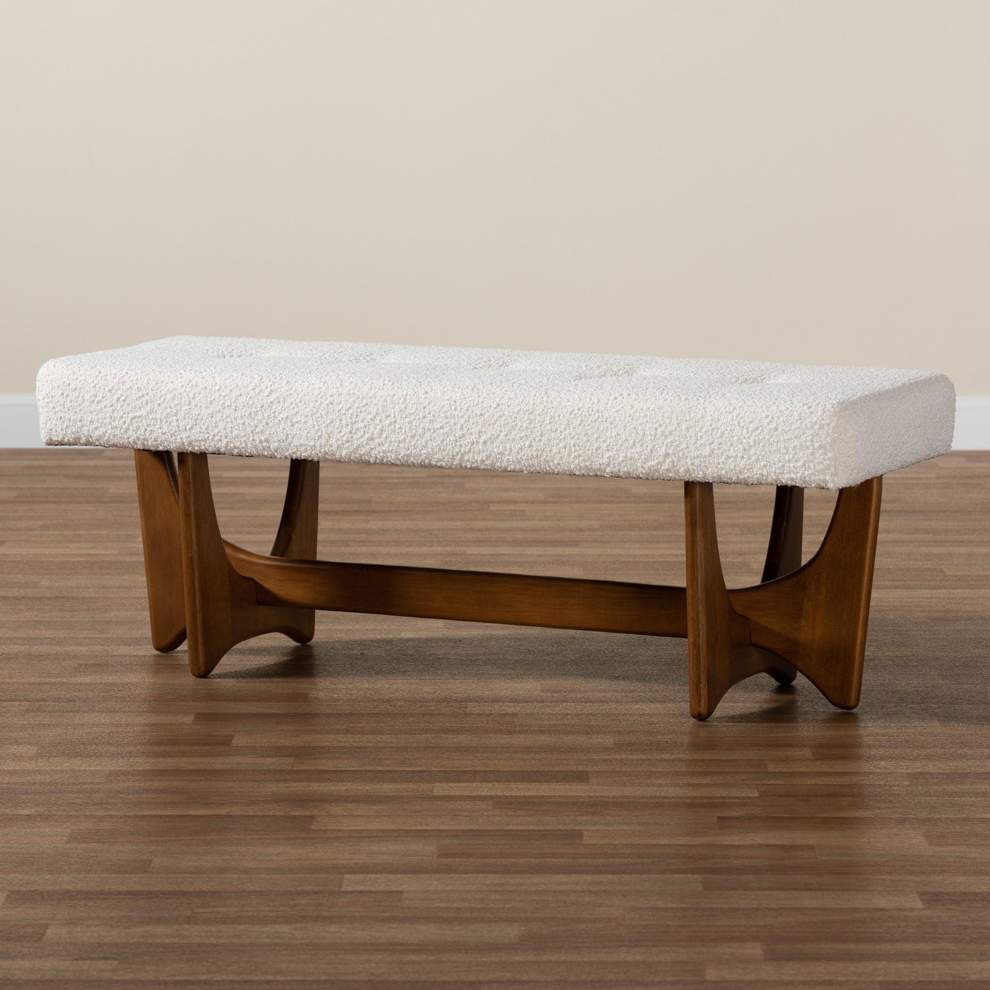 Theo Japandi Cream Boucle Fabric and Finished Wood Bench