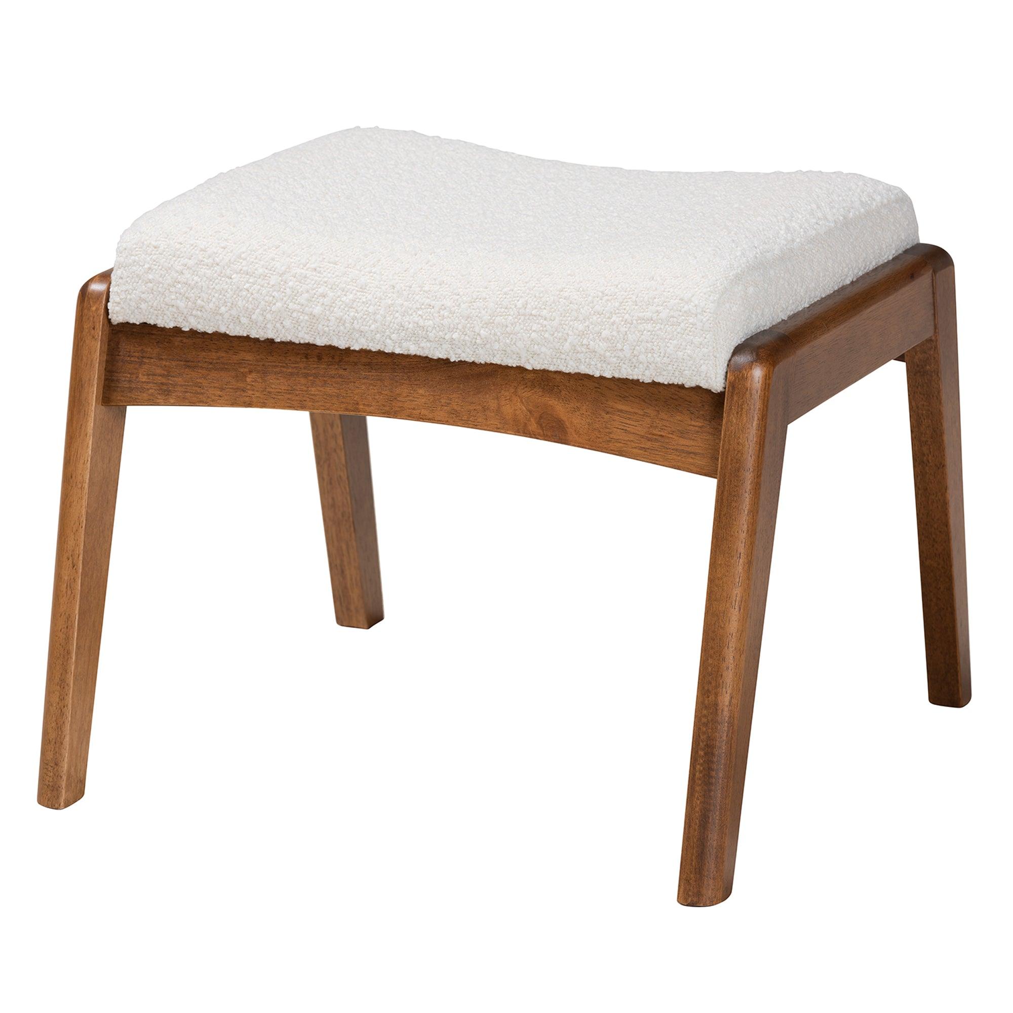 Roxy Mid-Century Modern Off- Boucle Upholstered and Finished Wood Ottoman Footstool