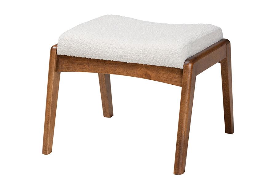 Roxy Mid-Century Modern Off- Boucle Upholstered and Finished Wood Ottoman Footstool