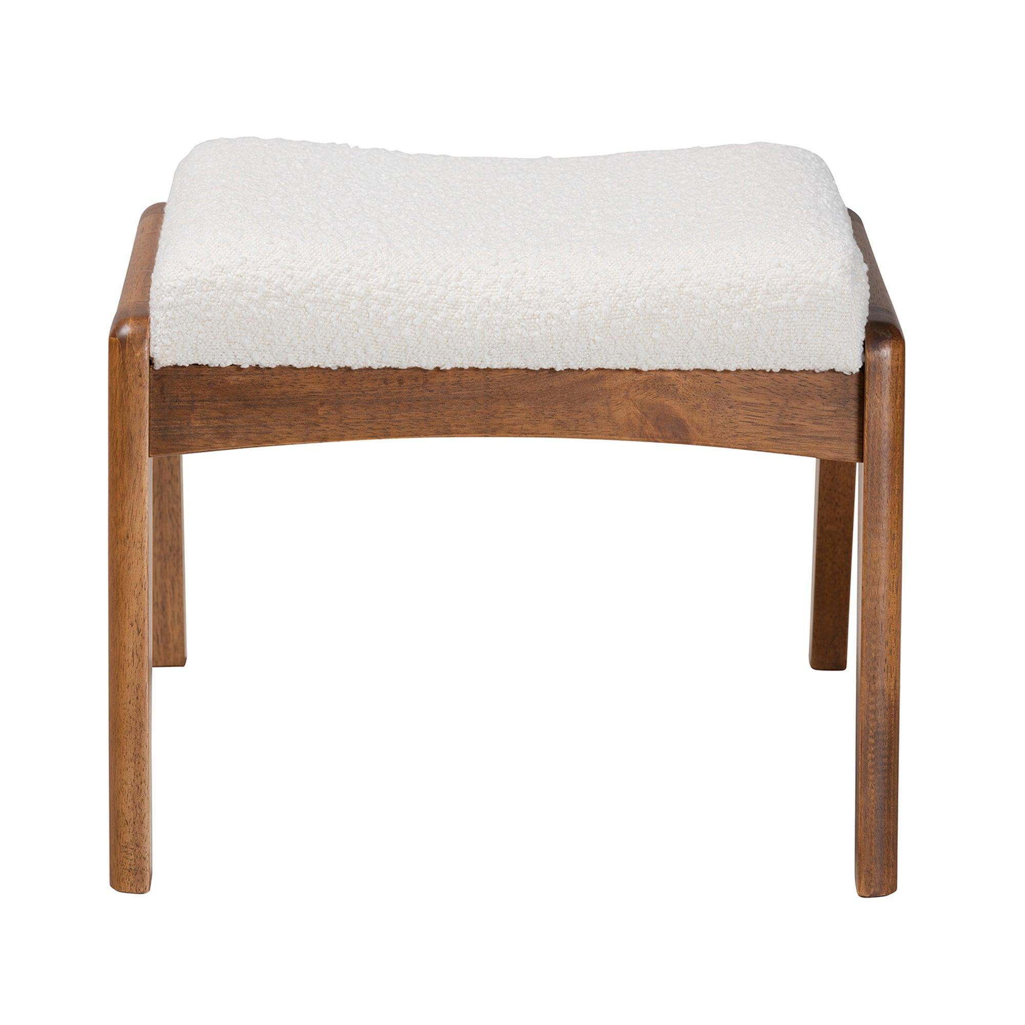 Roxy Mid-Century Modern Off- Boucle Upholstered and Finished Wood Ottoman Footstool