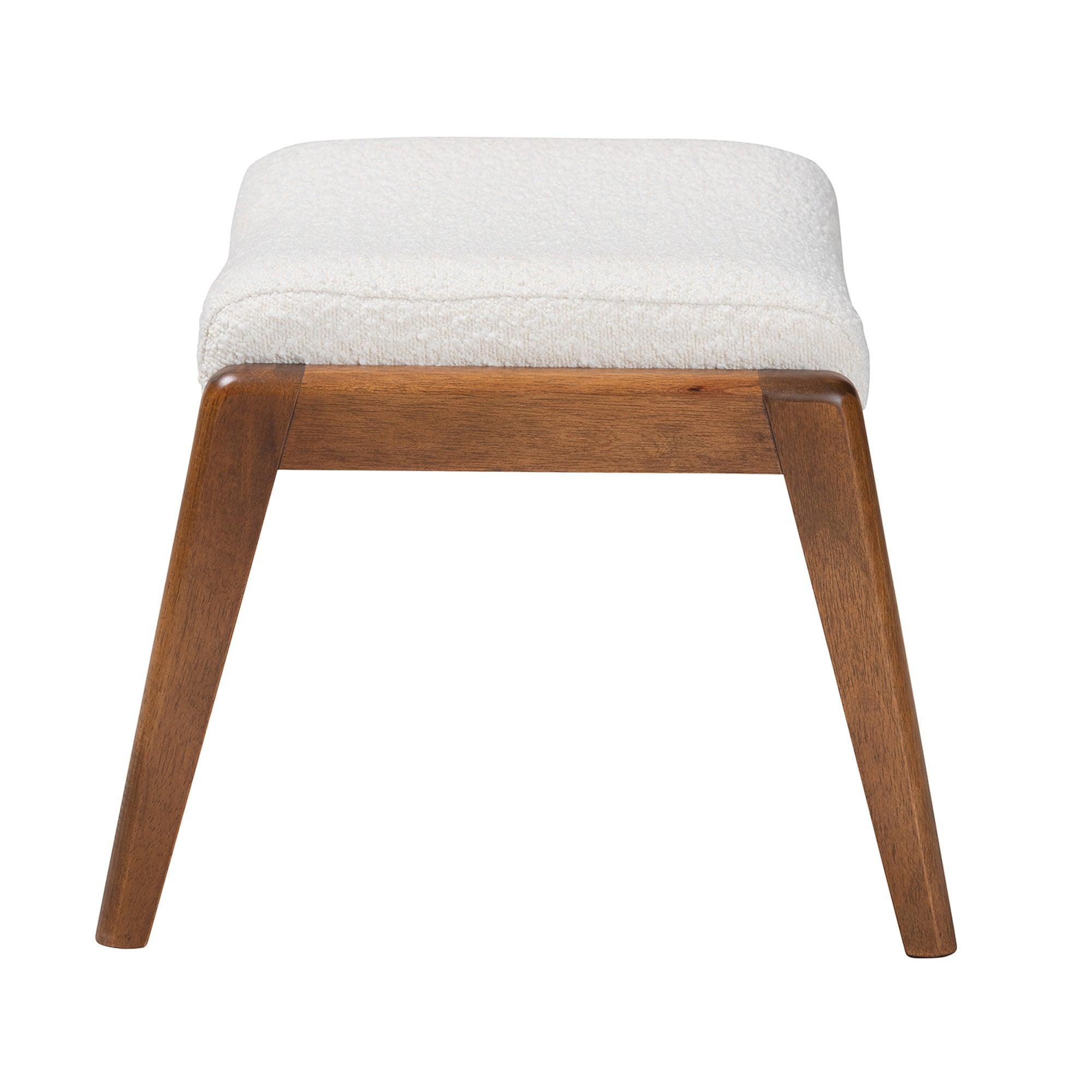 Roxy Mid-Century Modern Off- Boucle Upholstered and Finished Wood Ottoman Footstool