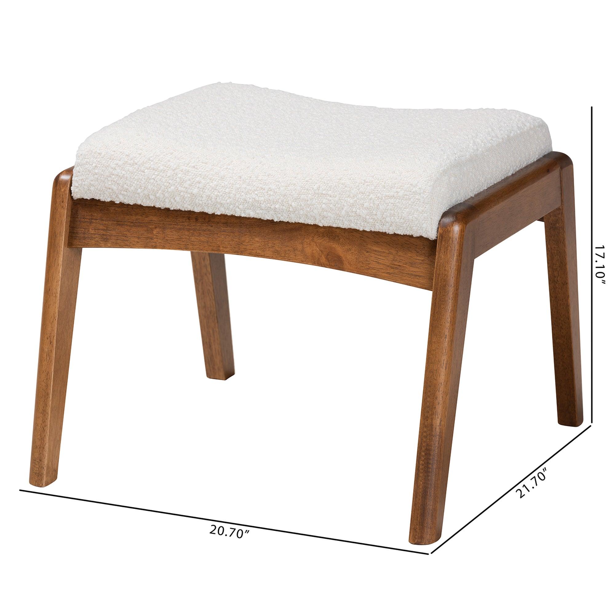 Roxy Mid-Century Modern Off- Boucle Upholstered and Finished Wood Ottoman Footstool