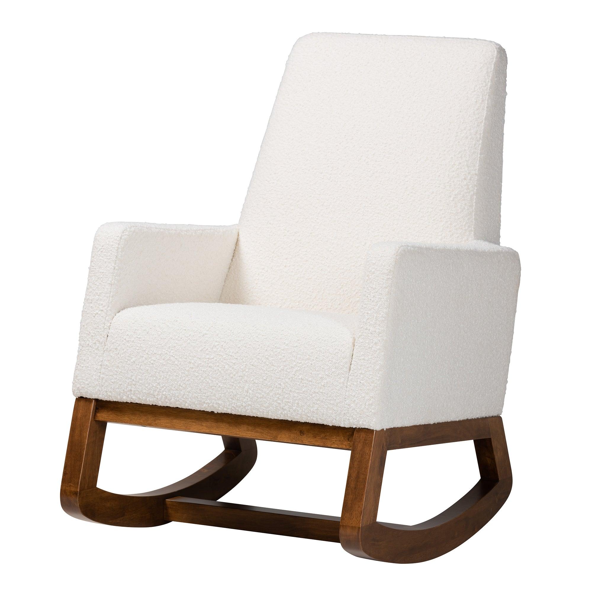 Yashiya Mid-Century Modern Off- Boucle Upholstered and Finished Wood Rocking Chair