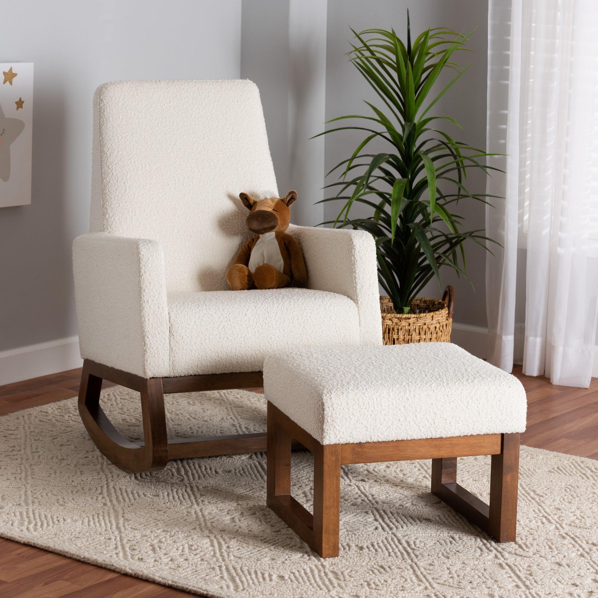 Yashiya Mid-Century Modern Off- Boucle Upholstered and Finished Wood 2-Piece Rocking Chair and Ottoman Set