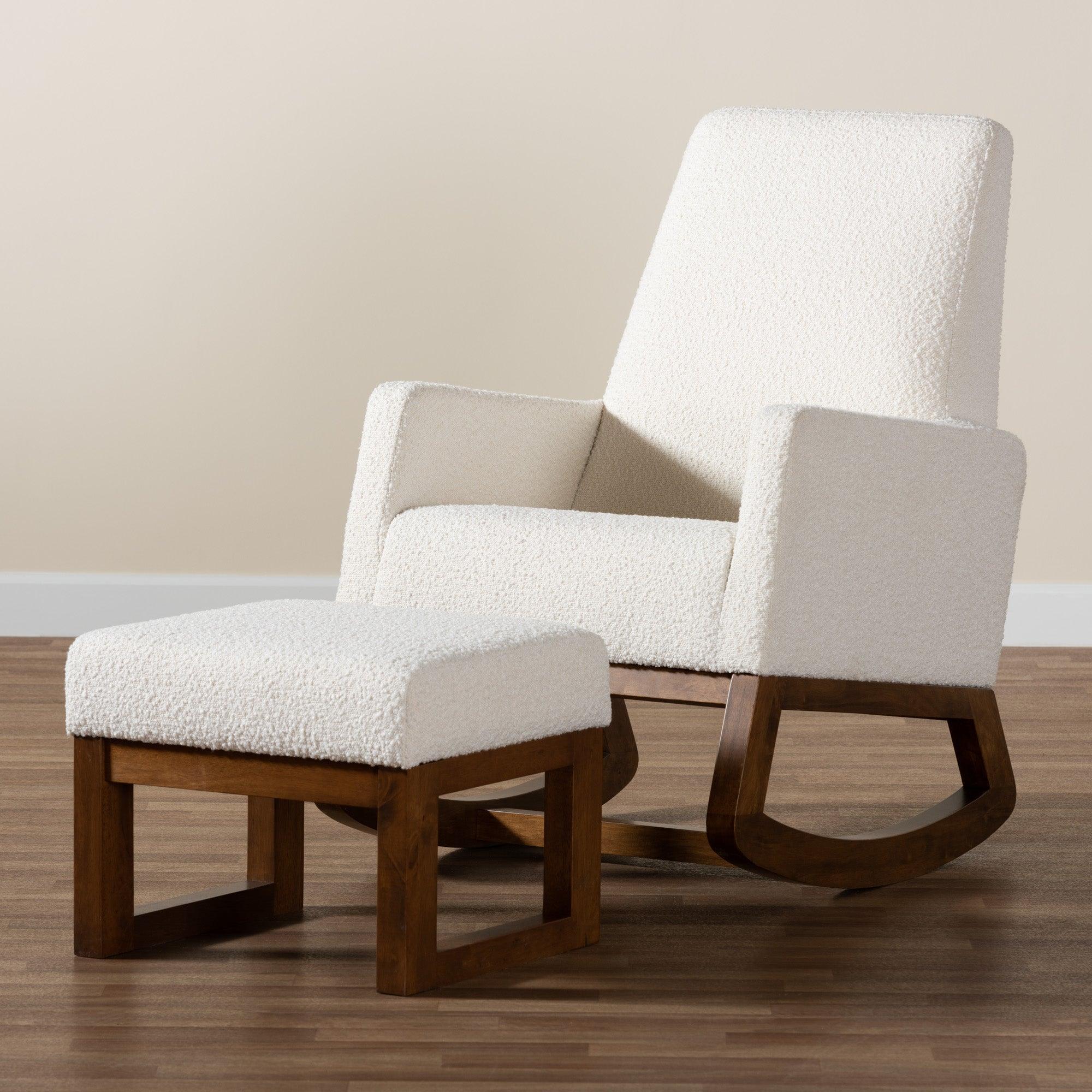 Yashiya Mid-Century Modern Off- Boucle Upholstered and Finished Wood 2-Piece Rocking Chair and Ottoman Set