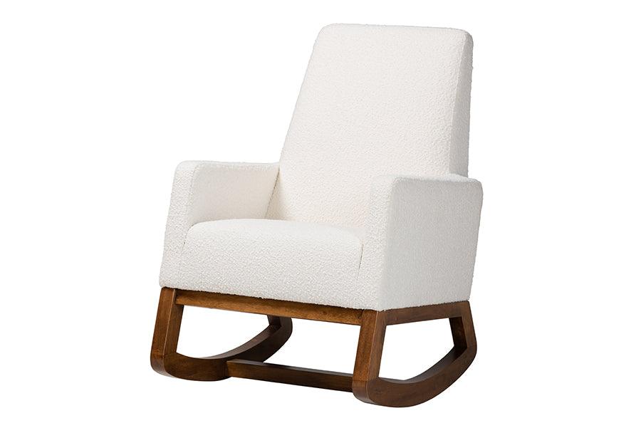 Yashiya Mid-Century Modern Off- Boucle Upholstered and Finished Wood Rocking Chair