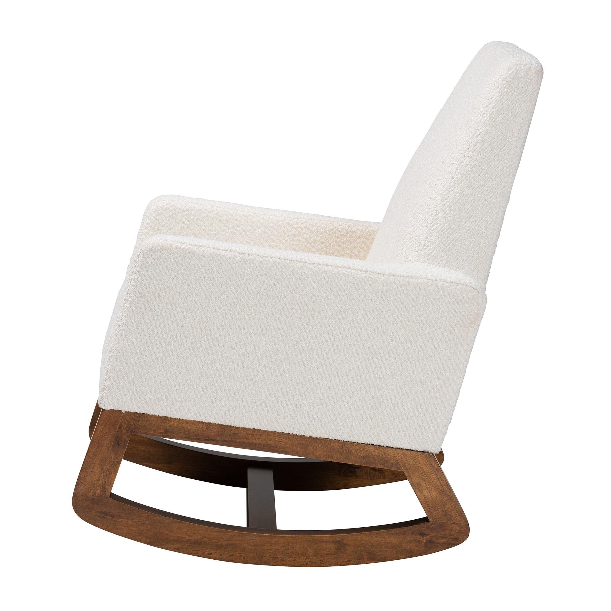 Yashiya Mid-Century Modern Off- Boucle Upholstered and Finished Wood Rocking Chair