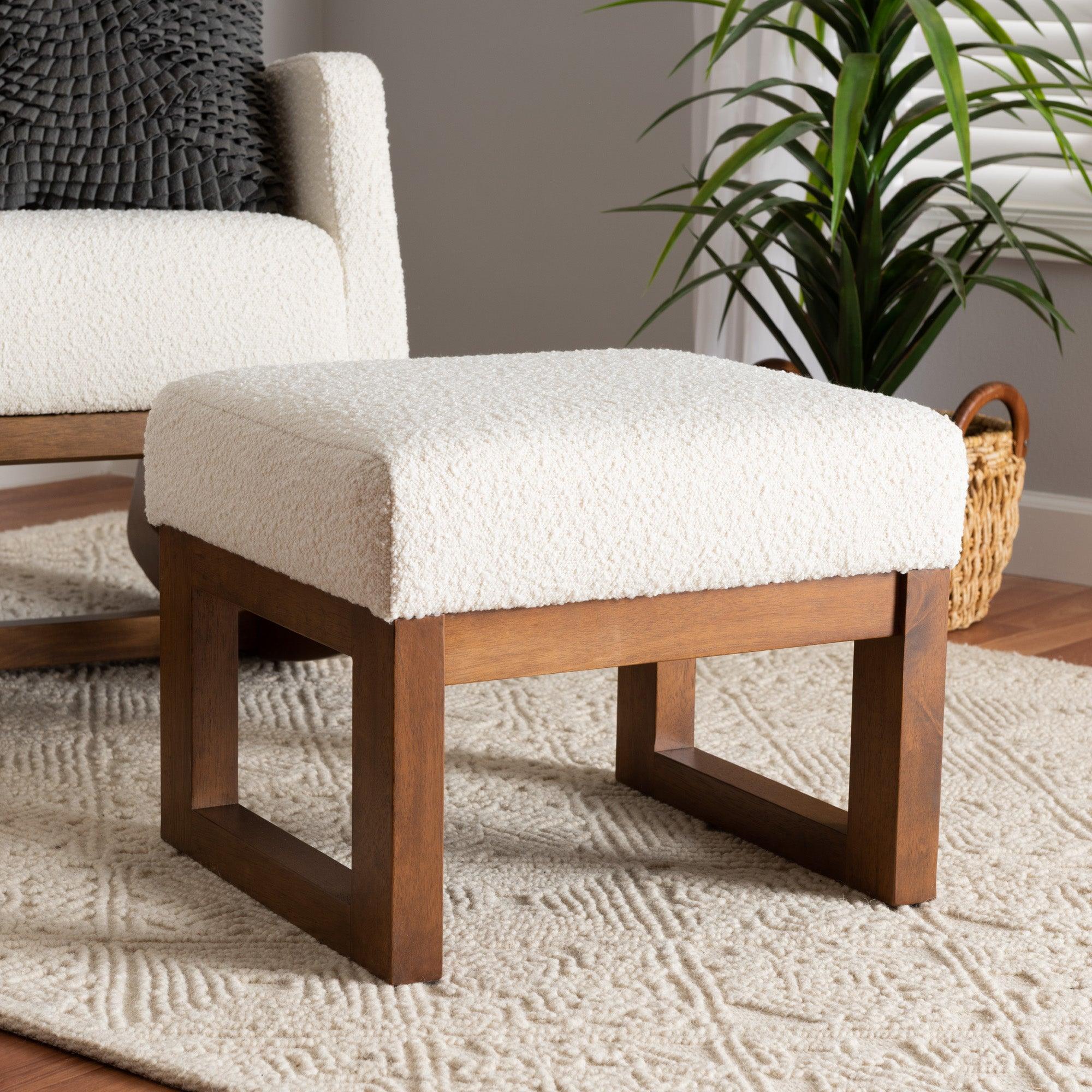 Yashiya Mid-Century Modern Off- Boucle Upholstered and Finished Wood Ottoman Footstool