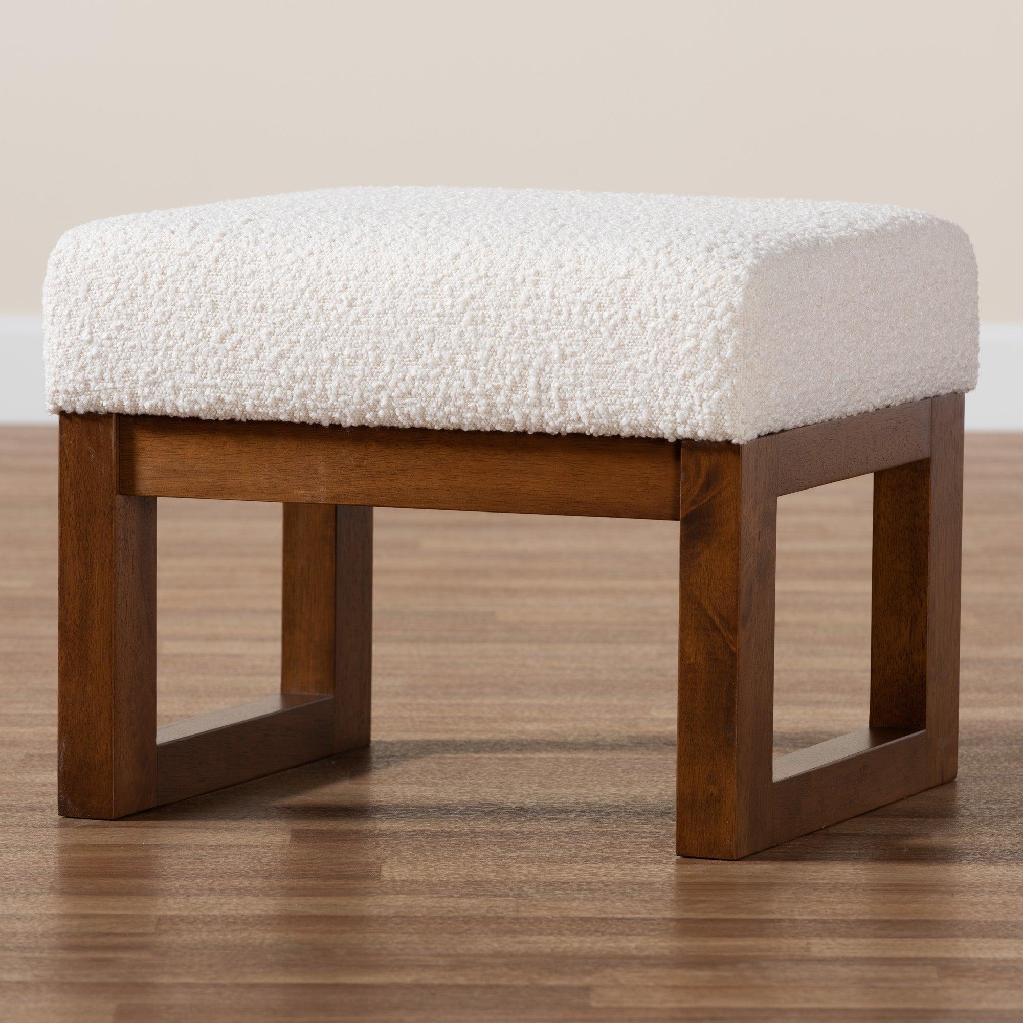 Yashiya Mid-Century Modern Off- Boucle Upholstered and Finished Wood Ottoman Footstool