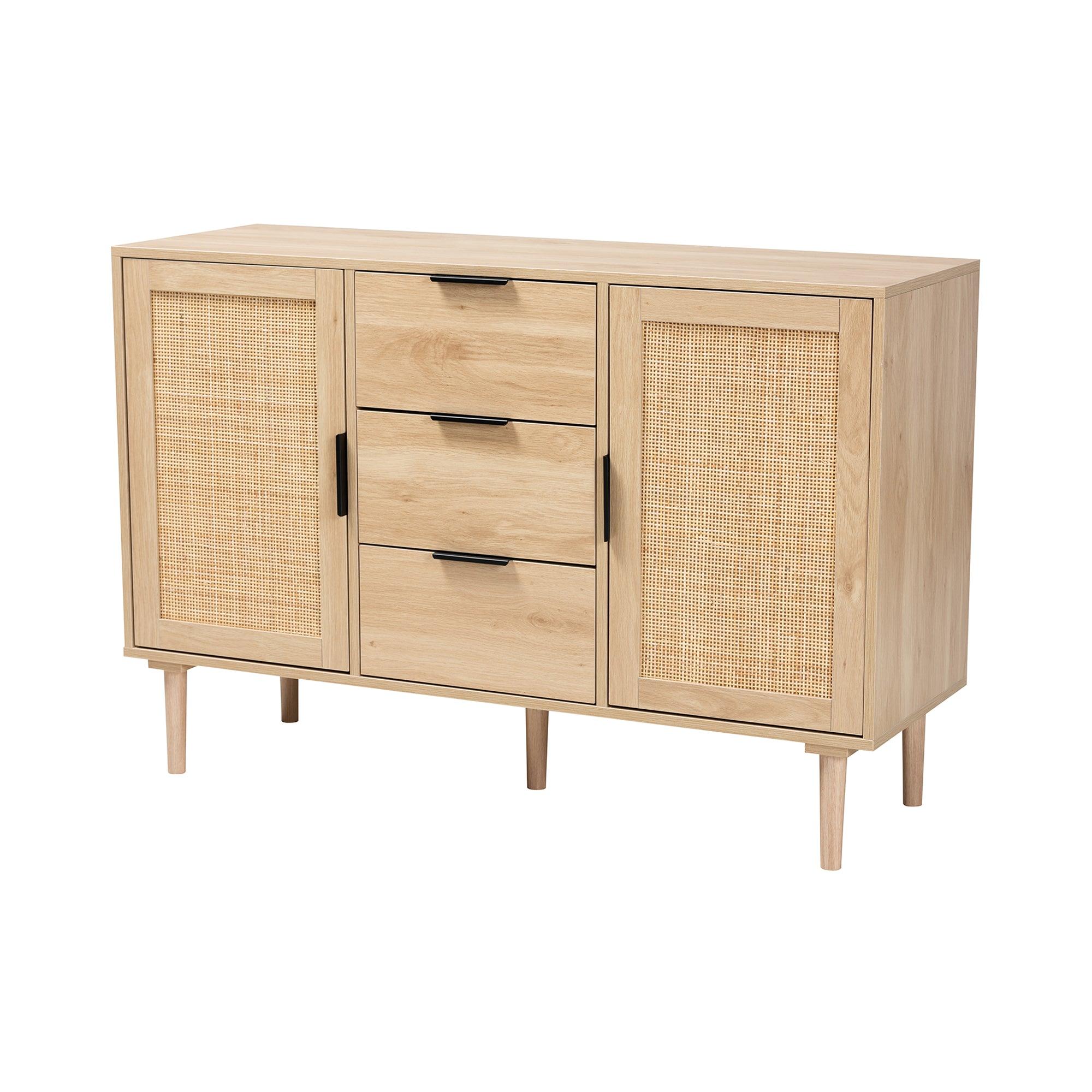 Harrison Mid-Century Modern Finished Wood and Rattan 3-Drawer Sideboard