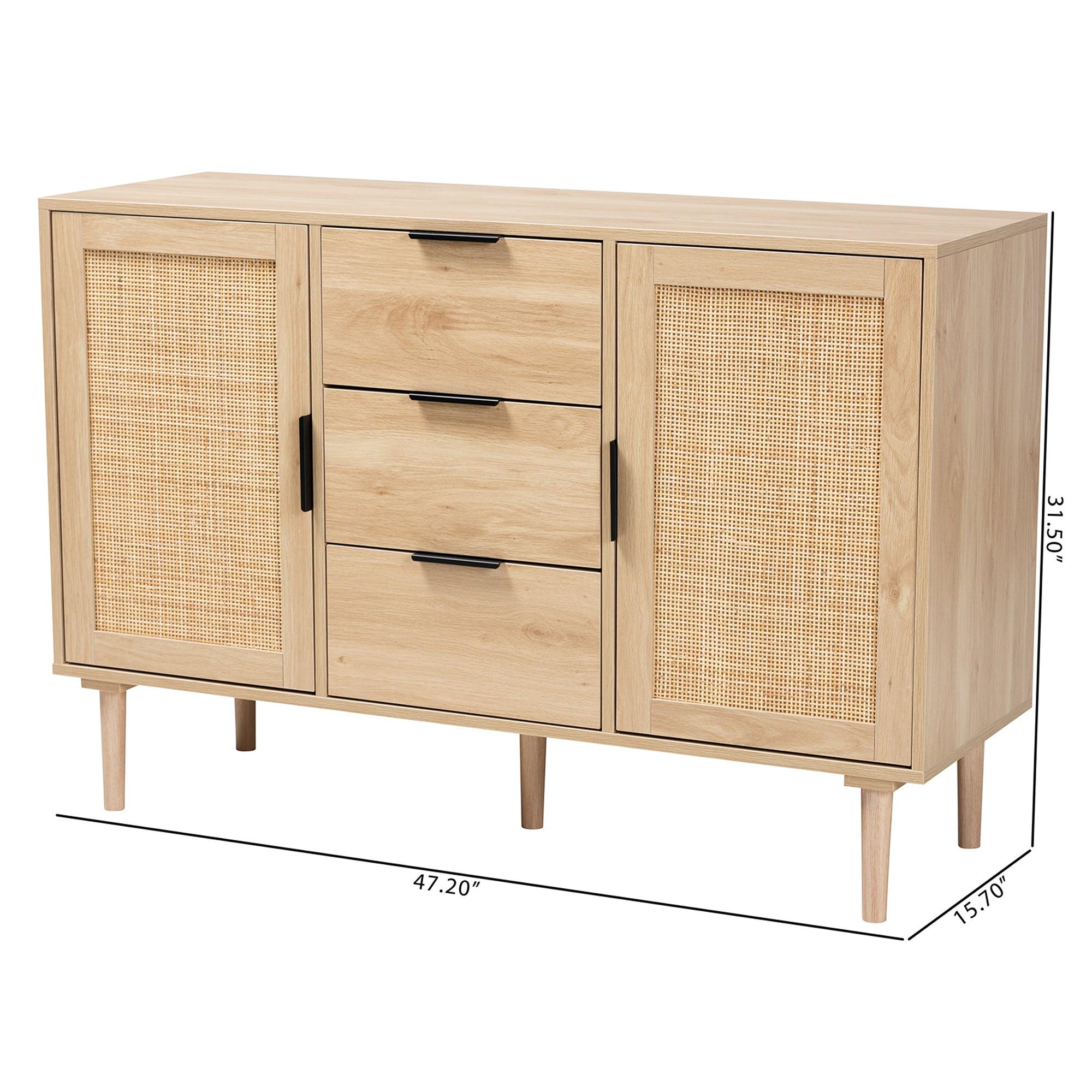 Harrison Mid-Century Modern Finished Wood and Rattan 3-Drawer Sideboard