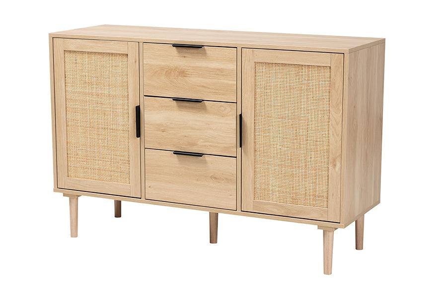 Harrison Mid-Century Modern Finished Wood and Rattan 3-Drawer Sideboard