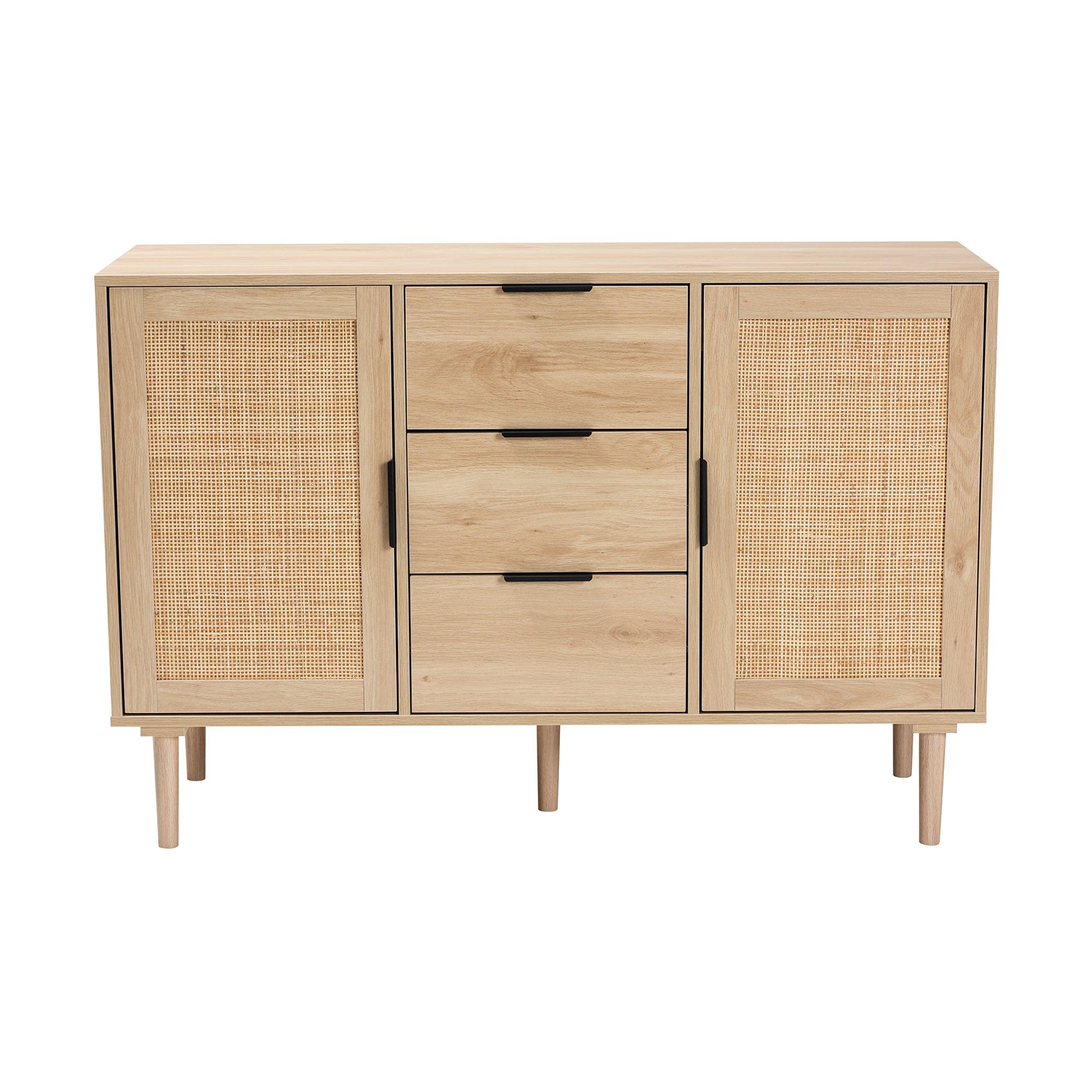 Harrison Mid-Century Modern Finished Wood and Rattan 3-Drawer Sideboard